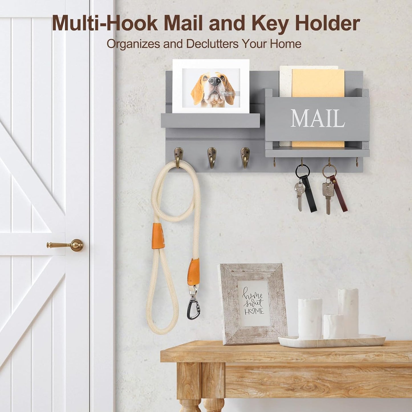 Lwenki Mail Organizer for Wall Mount – Key Holder with Shelf Includes Letter Holder and Hooks for Hallway Farmhouse Decor – Rustic Wood with Flush Mounting Hardware (16.5” x 9.1” x 3.4”) (Gray)