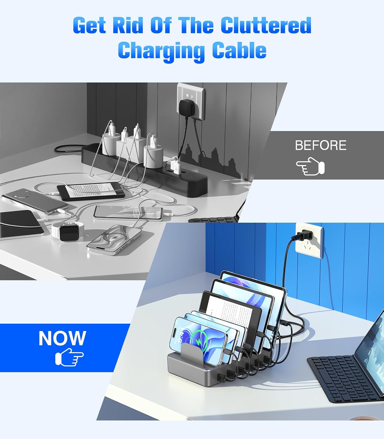 50W 6 USB Port Charging Station for Multiple Devices, Multi Charger Station | with 6 Cables, USB-A to USB-C Adapter Converter, Compatible with iPhone,iPad Kindle Tablet and Other Electronic（Space Gray)