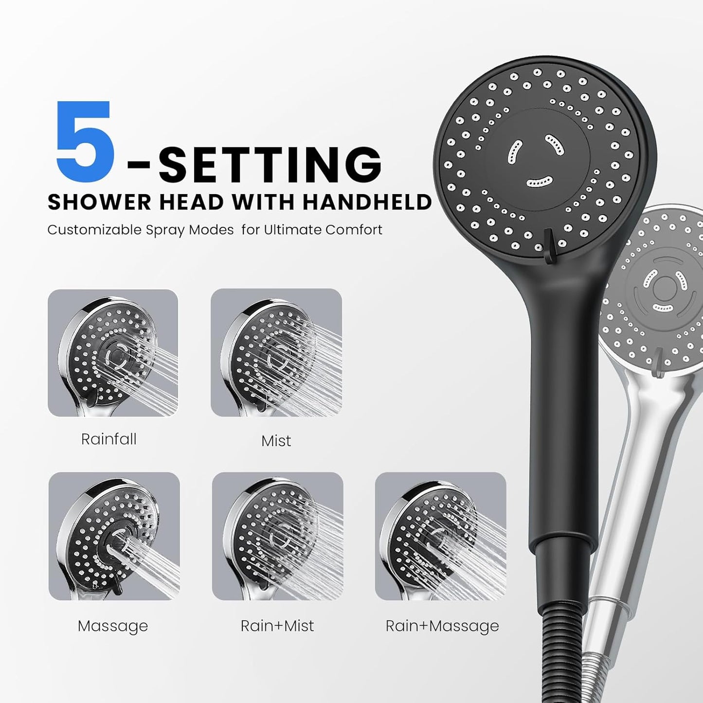 Wide Rain Shower Head With 5 Modes Handheld Showerheads, High Pressure Showerhead Combo with Extension Arm for Bathroom Accessories, Adjustable Shower Head with Anti-Clog Nozzles (Black)