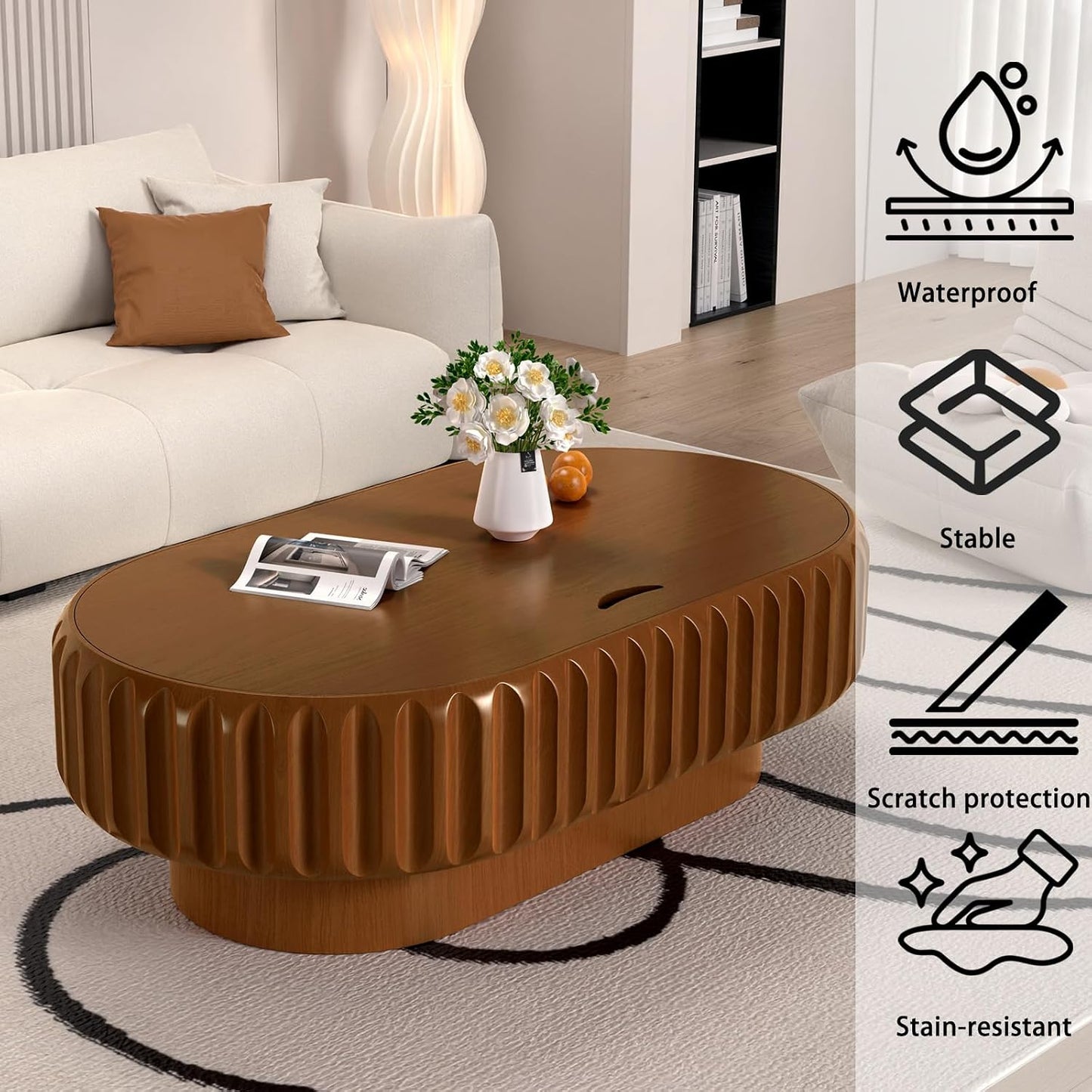 43.3 Inch Oval Drum Coffee Table with Storage (A Brown 43.3 in) | Handcraft Fluted Modern Wooden Cocktail Table, Sturdy Pedestal, Oval Center Table for Living Room, Apartment Organization