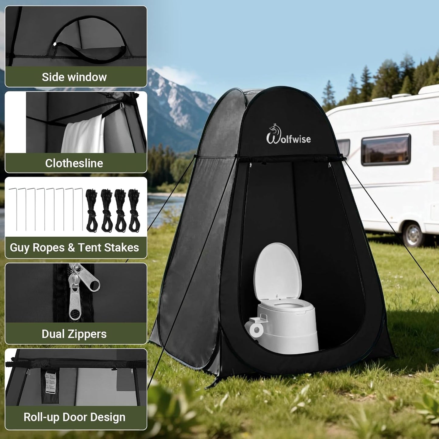 Wolfwise Pop Up Shower Tent for Camping Essentials, Portable Instant Changing Tent with Ventilation Window & Carry Bag, Privacy Dressing Room Bathroom Toilet for Beach & Outdoor, Standard, Black