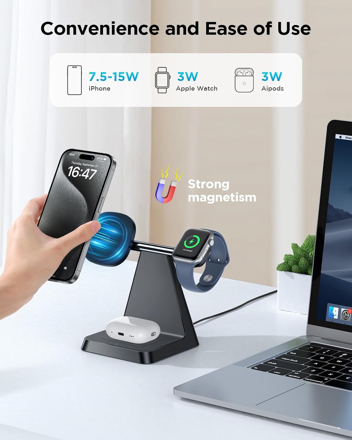 Charging Station for Multiple Devices Apple: Woruda 3 in 1 Magnetic Wireless Charger Stand for Mag Safe iPhone - Nightstand Charging Dock for iPhone 16 15 14 13 12 Pro Max Plus Apple Watch Airpods