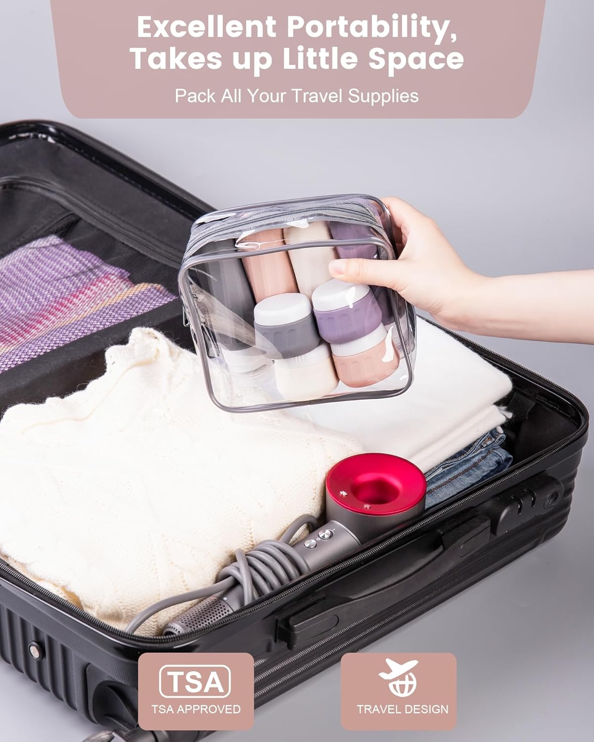 Mrsdry Travel Bottles for Toiletries 8 Pack, Travel Size Toiletries, Tsa Approved Travel Size Containers 3oz, with Travel Essentials Clear Bag, Leak Proof Silicone Squeezable Creams Jars