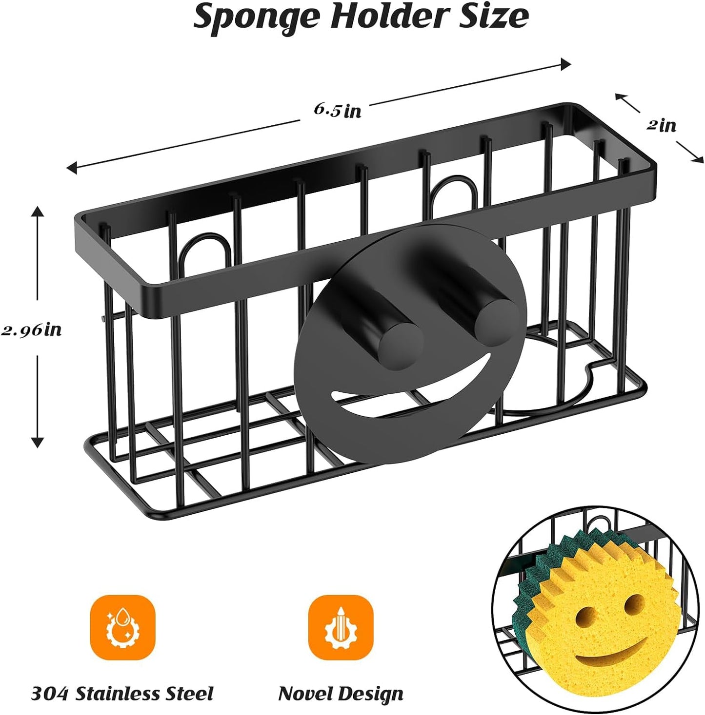 MURLONG Sponge Holder Smiley Face, Sink Organizer with 2 Suction Cups/1 Adhesive Strips, Designed for Sponge, Soap, Dish Brush, Scrubber - Black