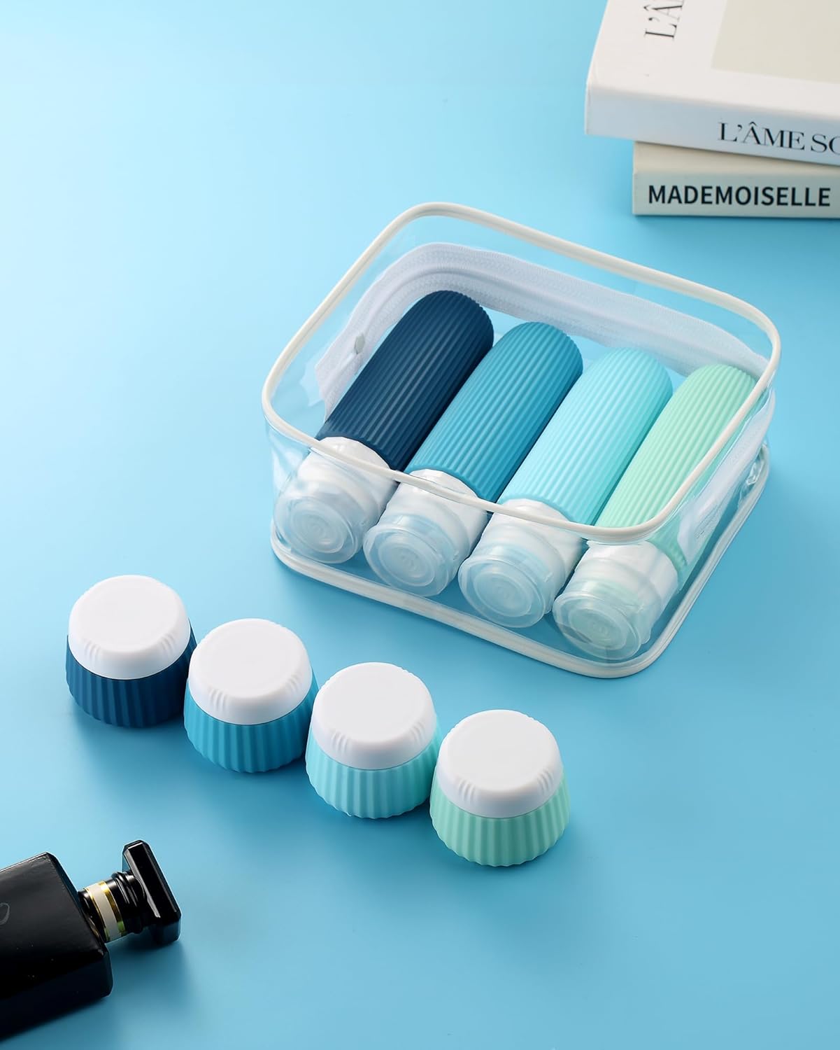 Mrsdry Travel Bottles for Toiletries 8 Pack, Tsa Approved Travel Size Toiletries 3 oz, Containers for Toiletries, with Clear Bag, Leak Proof Silicone Squeezable Essentials Creams Jars