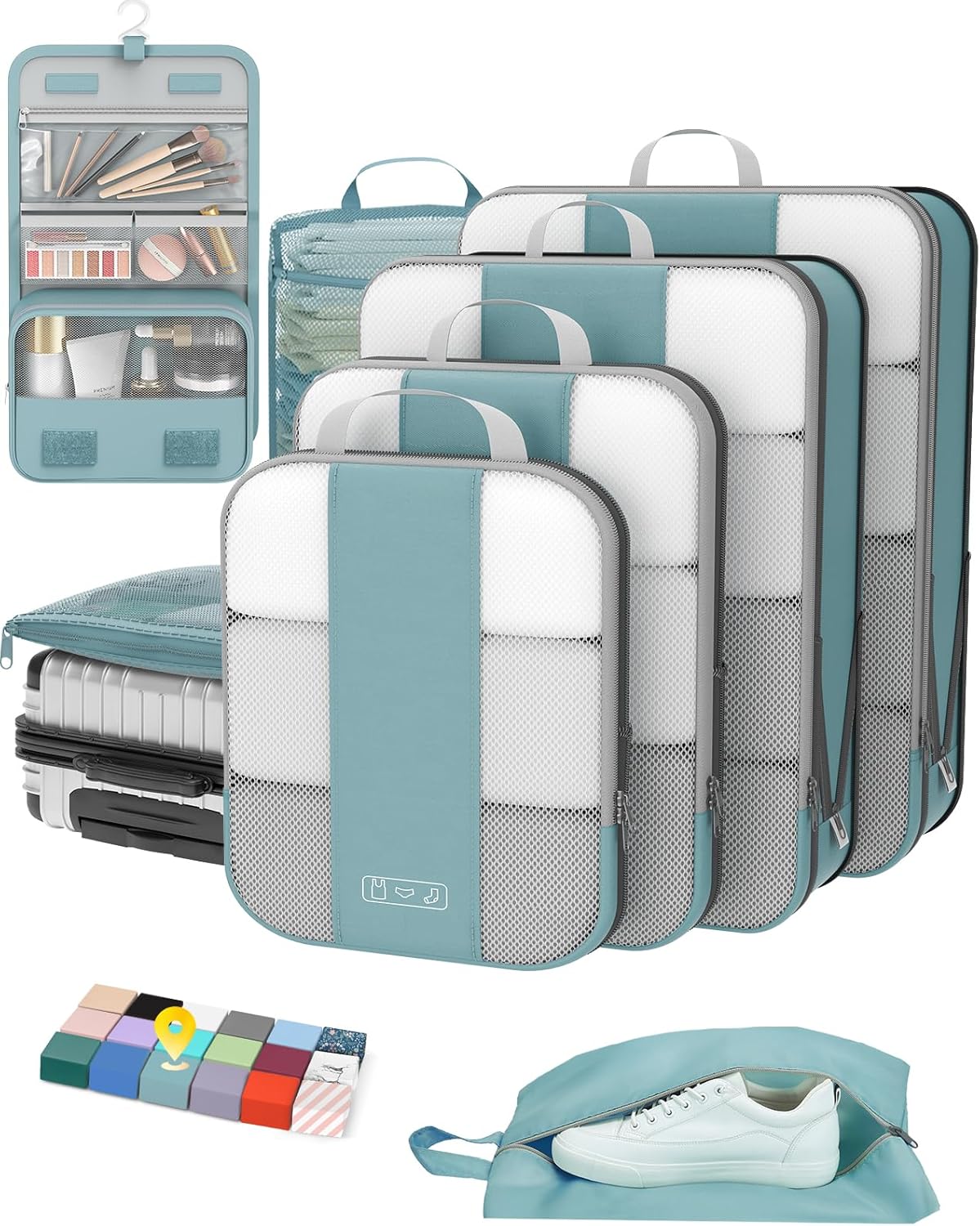 8 Set Compression Packing Cubes for Travel Essentials,Compressible Expandable Packing Cubes for Suitcase,OlarHike Luggage Garment Bags for Travel,Handy Helper for Organizing Clothes(Blue Gray)