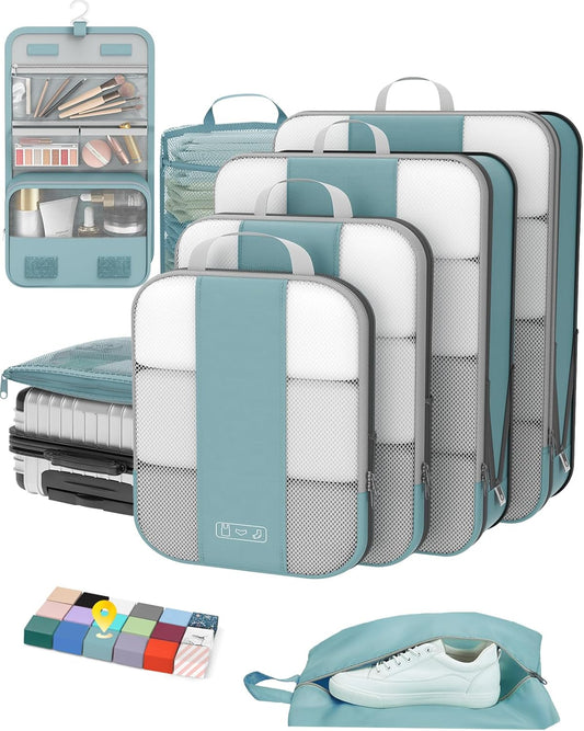 8 Set Compression Packing Cubes for Travel Essentials,Compressible Expandable Packing Cubes for Suitcase,OlarHike Luggage Garment Bags for Travel,Handy Helper for Organizing Clothes(Blue Gray)