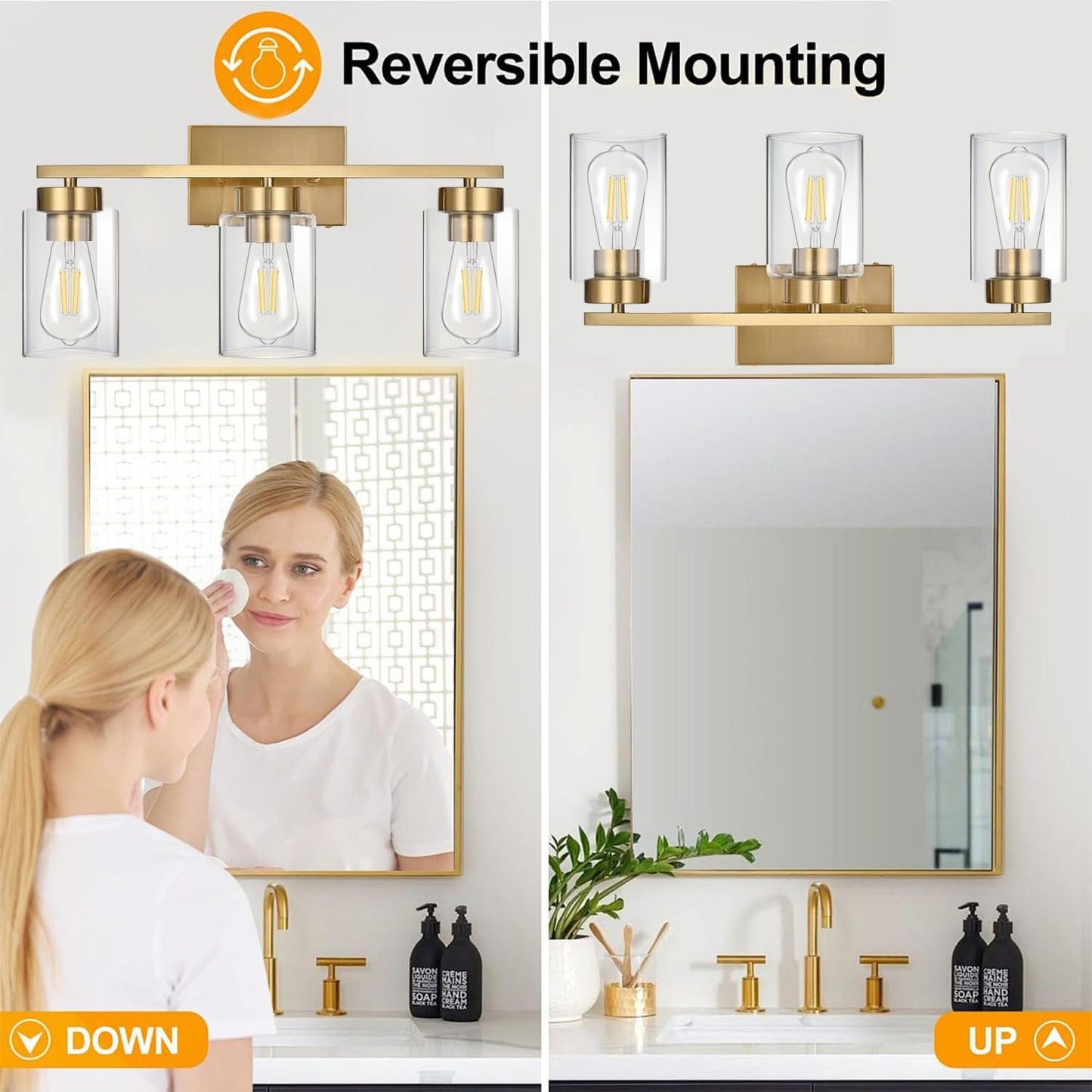 3-Light Bathroom Vanity Light, Modern Brushed Gold Wall Lights with Clear Glass Shades, Bathroom Wall Sconce Lamp for Mirror Living Room Bedroom Hallway