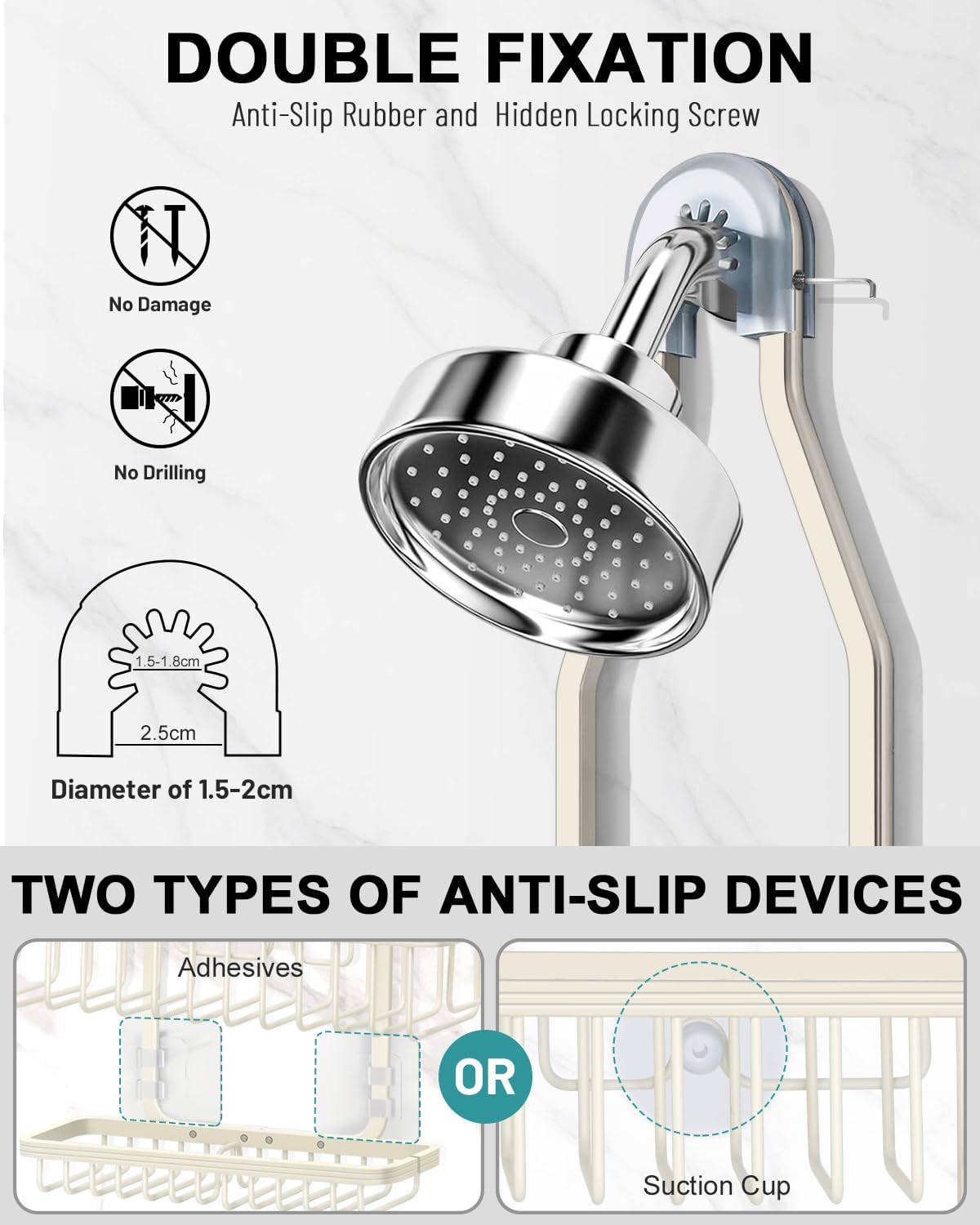 Shower Caddy Hanging - Never Rust Shower Hanging Organizer - Aluminum Over the ShowerHead Caddy with Soap Basket and 6 Hooks for Razor/Sponge (Milky White)