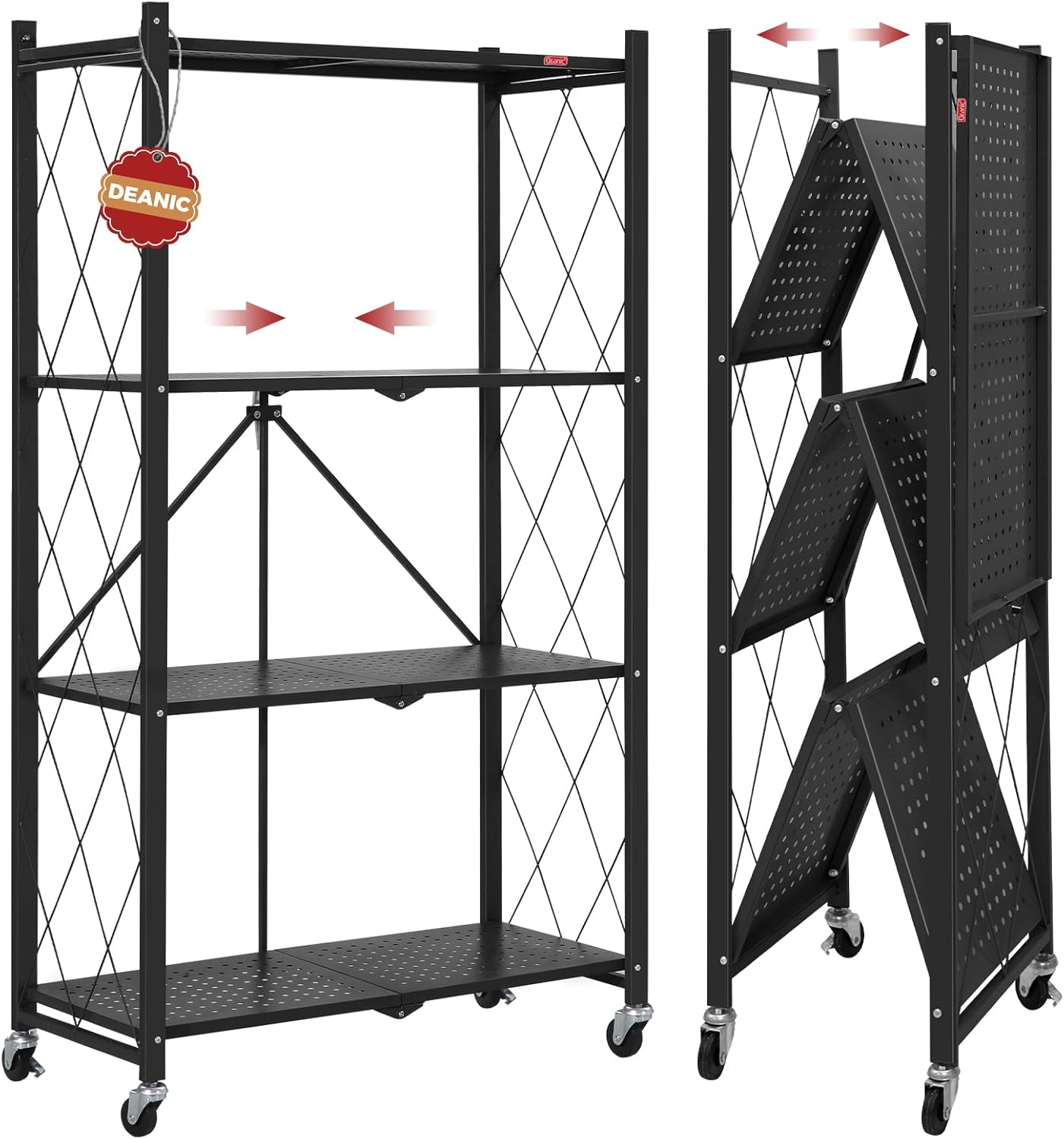DEANIC 4 Tier Foldable Storage Shelves with Wheels, No Assembly Organizer Rack for Garage Kitchen, Basement, Pantry,Perfect for Craft Shows & Vendor Events(Black)