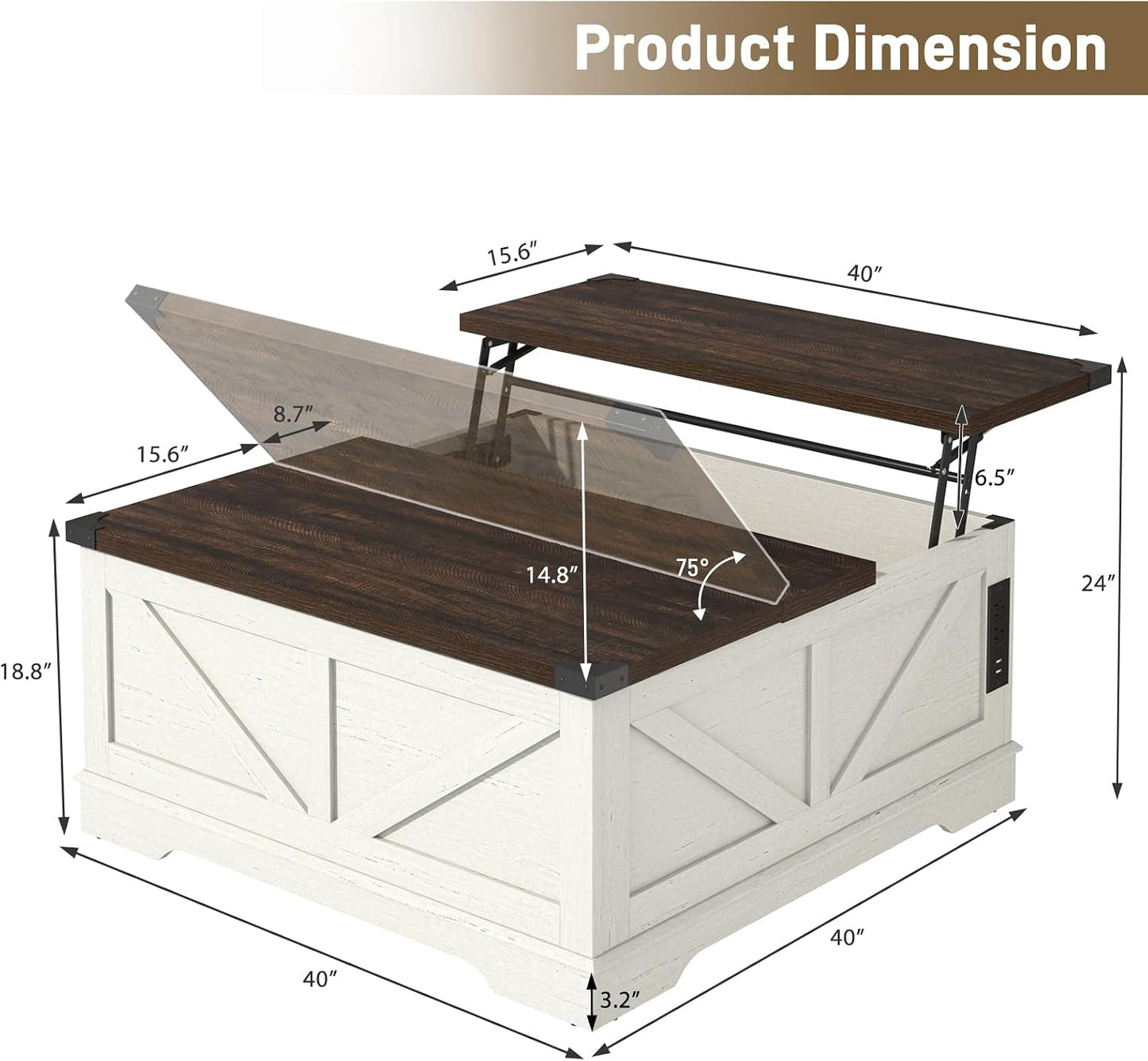 Hlivelood 40” Large Farmhouse Lift Top Coffee Table with Power Outlets and Large Hidden Storage, Square Wood Living Room Tables, Multi-Function Lift Wooden Barn Door Center Table, Rustic White