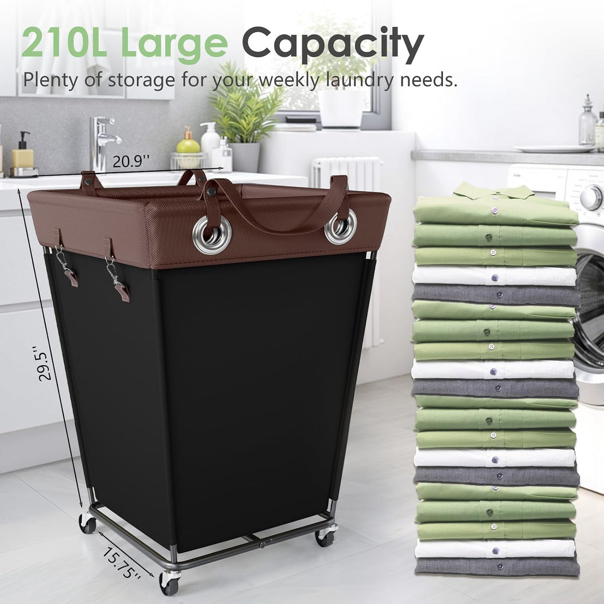 HILIUS Laundry Hamper with Wheels 210L Large Hamper Rolling Laundry Basket