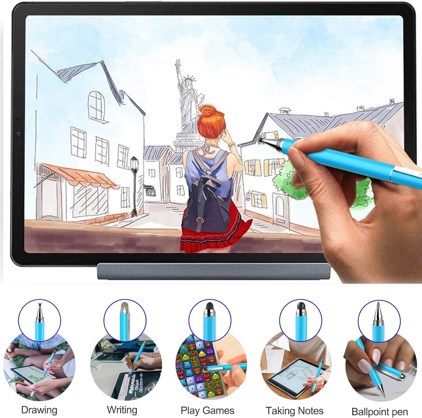 Penyeah Stylus, 4-in-1 Stylus Pen for Touch Screen, High Precision and Sensitivity Disc,Mesh,2 Sized Rubber Tips, Universal for iPhone/iPad/Android/Samsung/HP Tablets All Capacitive Touch Screens-Blue