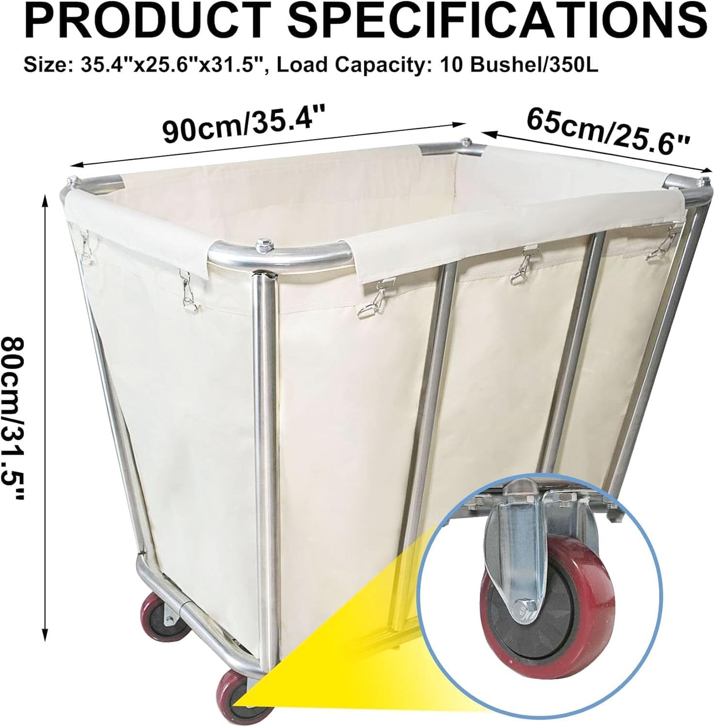 10 Bushel Laundry Cart with Wheels,Heavy Duty Industrial Rolling Commercial Home Beige Large Rolling Storage Laundry Basket, Stainless Steel Laundry Hamper Service Cart,260LBS Load