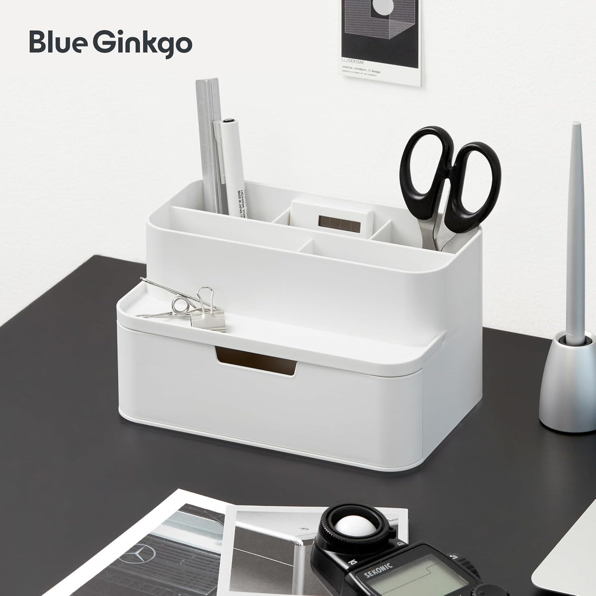 BLUE GINKGO Compact Desk Organizer, White, Made in Korea