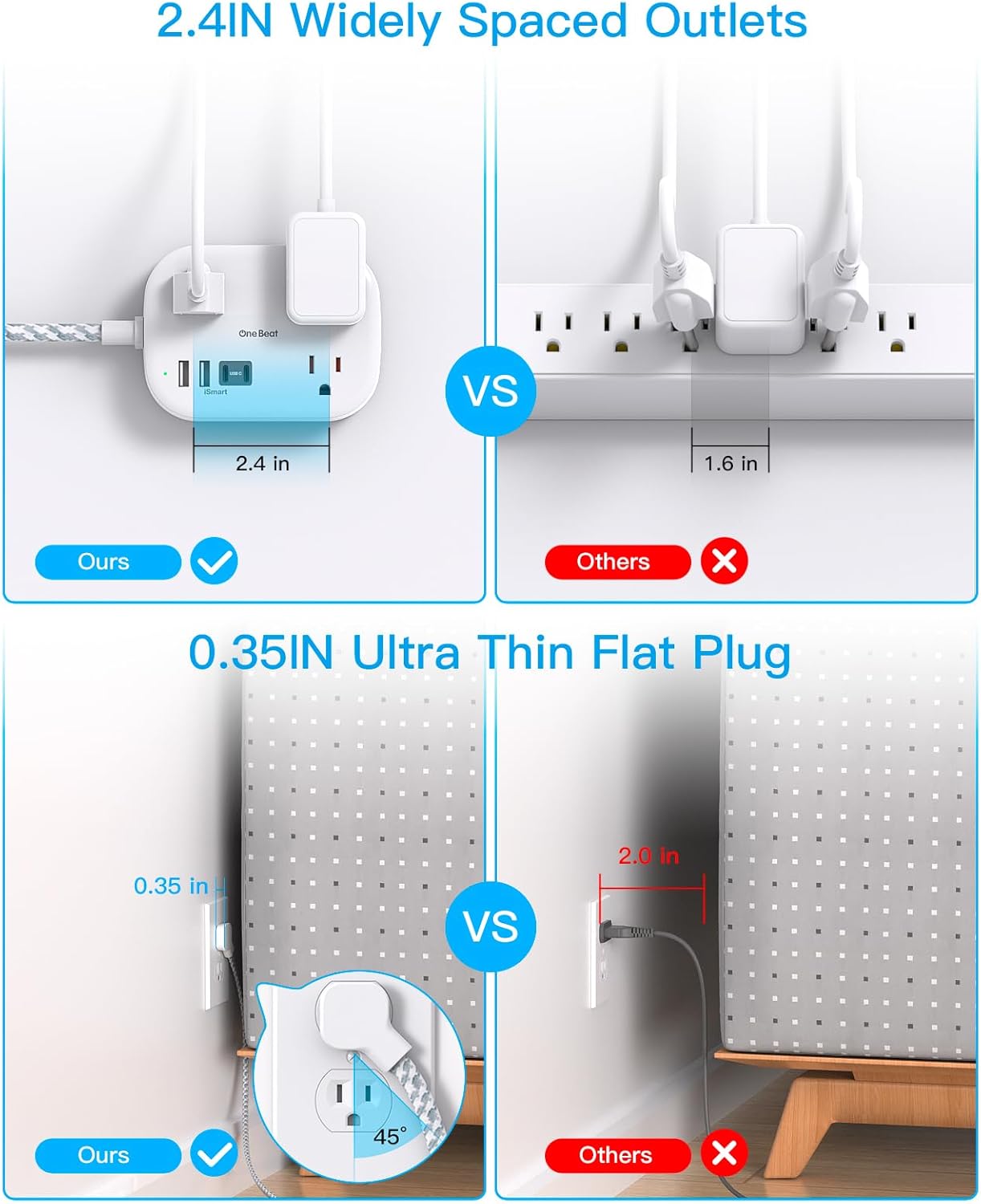 Cruise Essentials 2026,One Beat Travel Power Strip with USB C,Flat Plug Extension Cord with 3 Outlets 4 USB Ports(2 USB C),6 ft Desk Wall Outlet Extender,Non Surge Protector for Cruise,Dorm Room,ETL