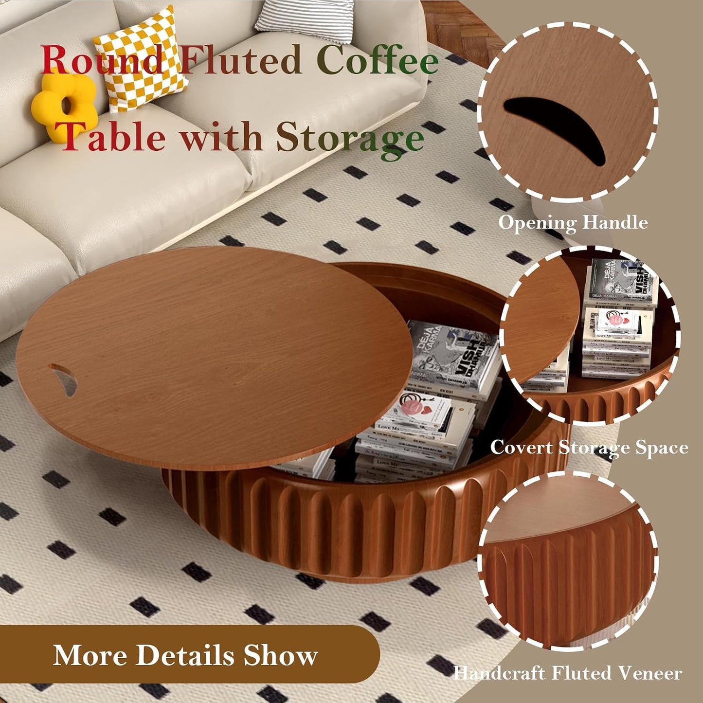 Chic Drum Coffee Table with Storage (C 31.5in) | 31.5” Rustic Round Center Table - Handcraft Fluted Veneer Easy Assemble for Living Room Apartment