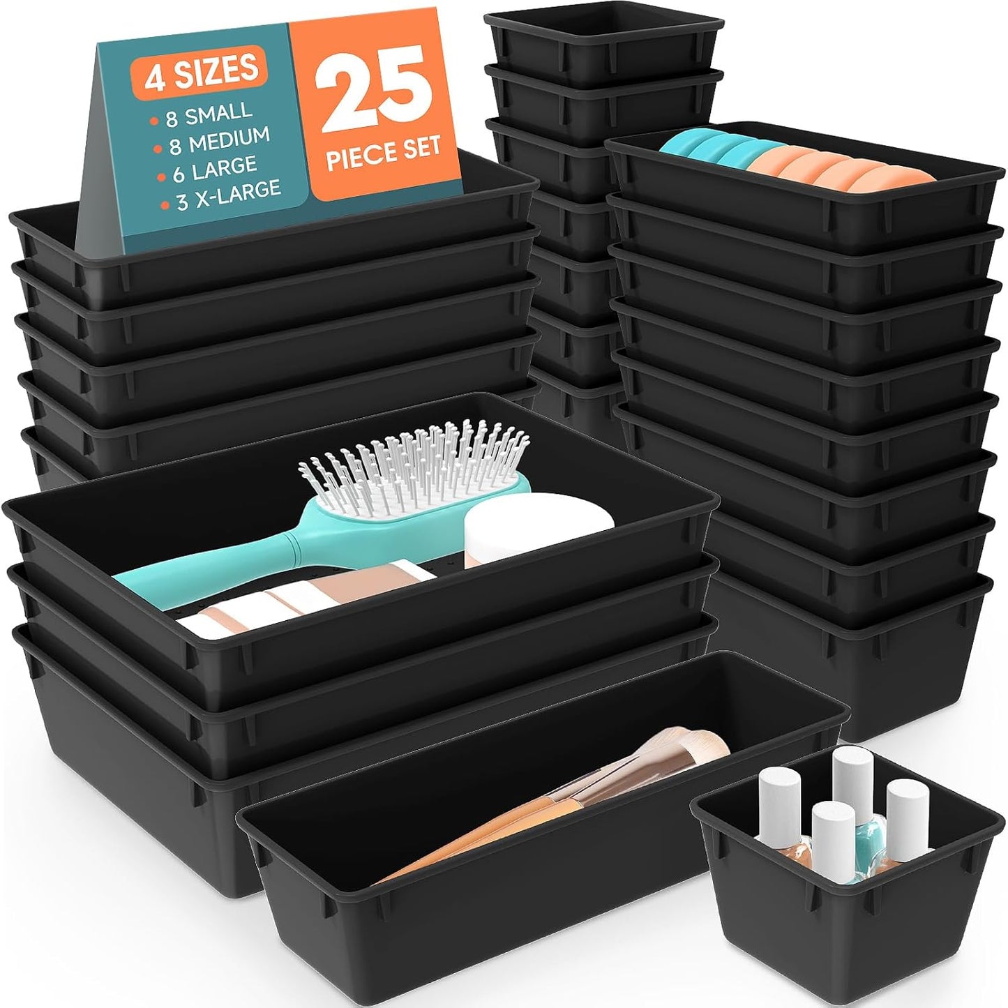 WOWBOX 25 PCS Clear Plastic Drawer Organizer Set, 4 Sizes Desk Drawer Divider Organizers and Storage Bins for Makeup, Jewelry, Gadgets for Kitchen, Bedroom, Bathroom, Office