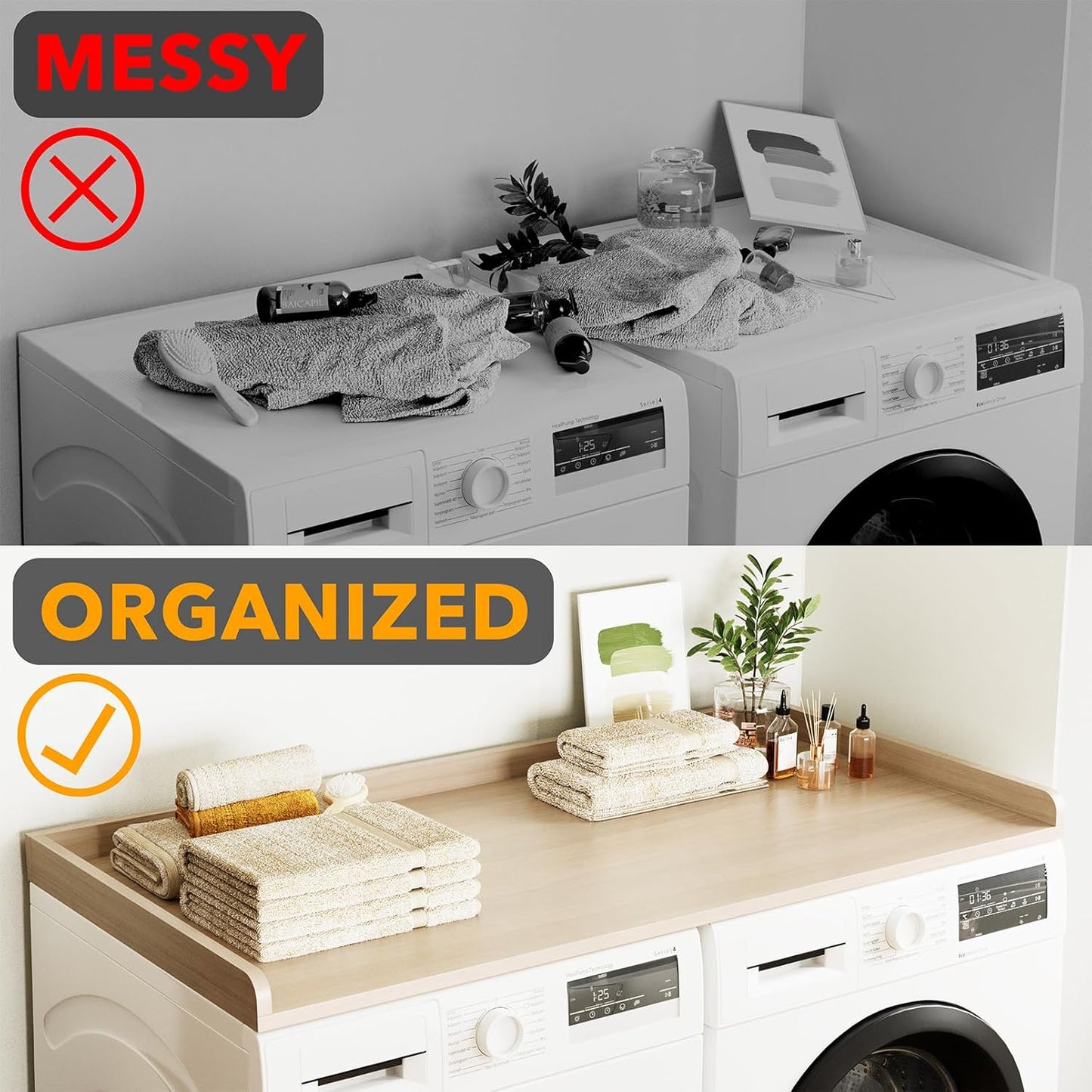 SpaceAid Washer Dryer Countertop, Laundry Wood Shelf Topper with Edge, 54" Width x 27.5" Depth Cover Guard Organizer for Washer and Dryer Laundry Hamper Counter Storage Organization (Oak)