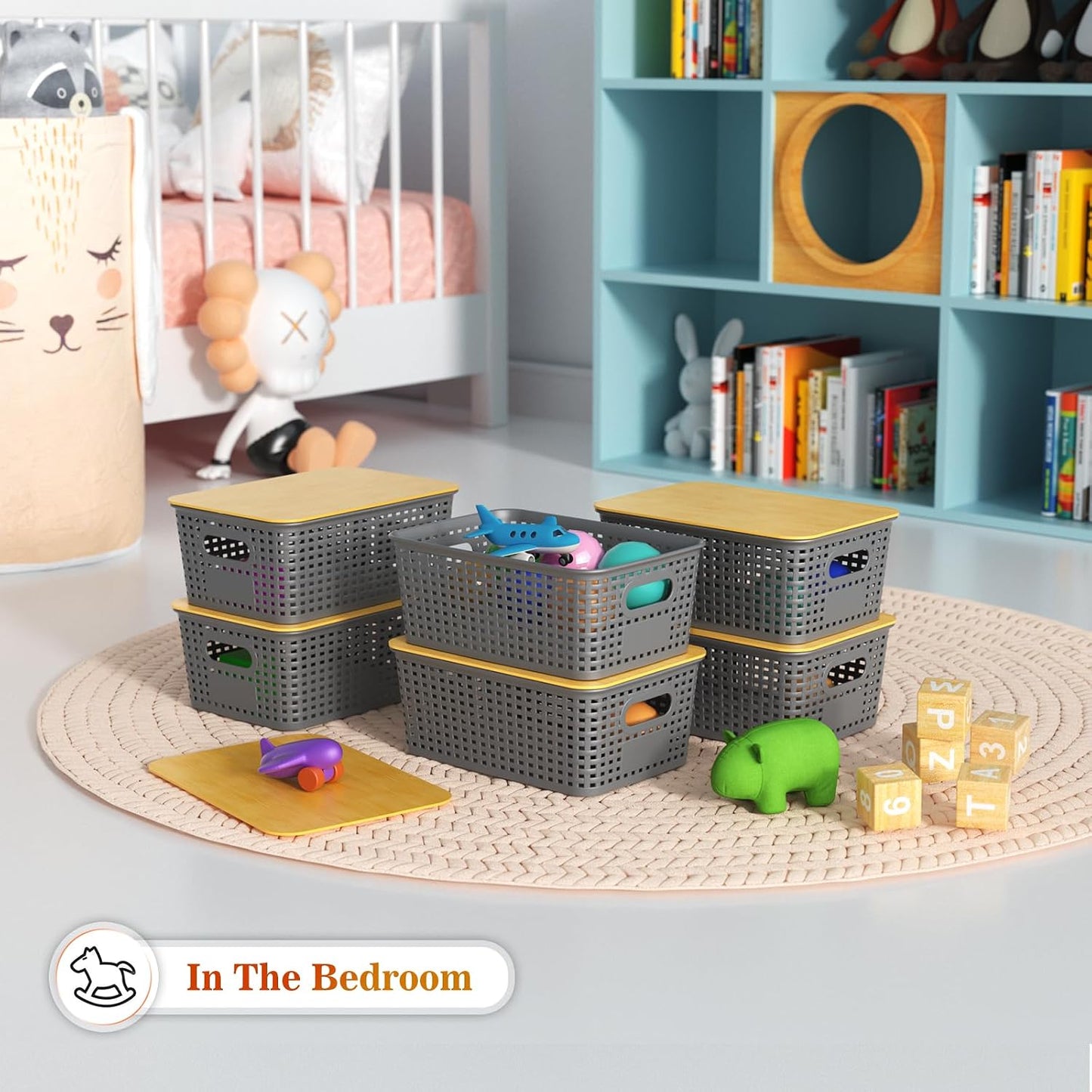 Ohmlove 6 Pack Plastic Storage Baskets with Bamboo Lids for Organization