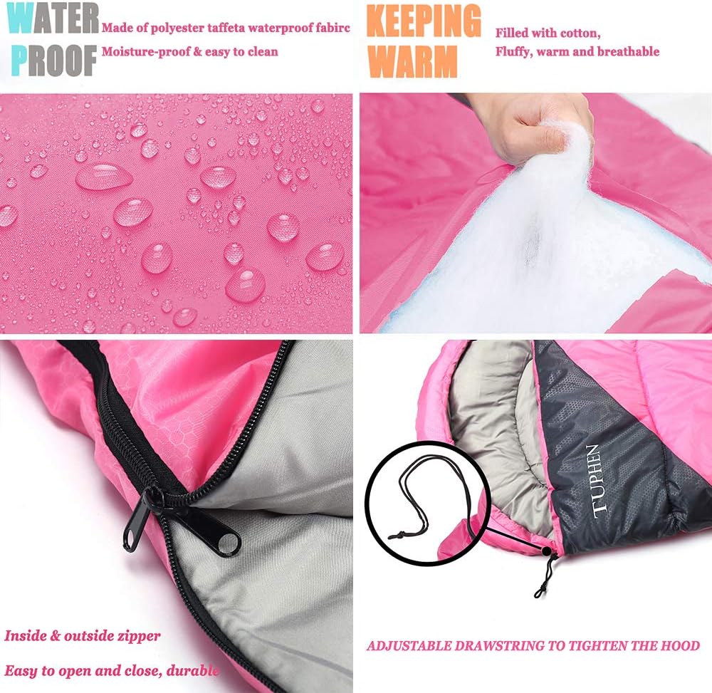 tuphen- Sleeping Bags for Adults Kids Boys Girls Backpacking Hiking Camping Microfiber Liner, Cold Warm Weather 4 Seasons Indoor Outdoor Use, Lightweight & Waterproof