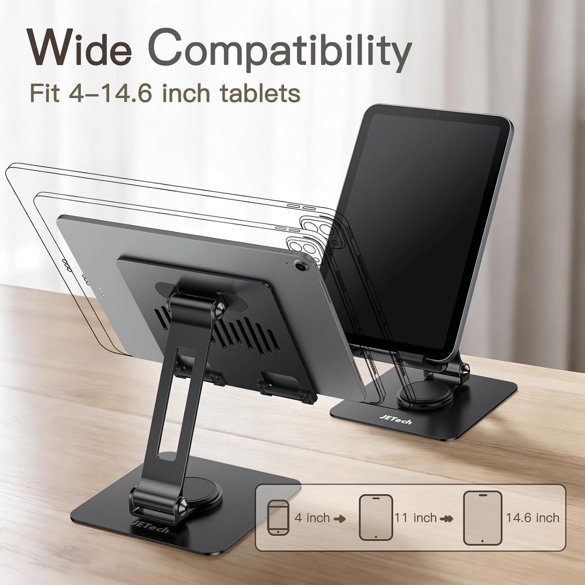 JETech Tablet Stand, Adjustable Swivel Desktop Holder with 360 Degree Rotating Base, Foldable Cradle for iPad/iPad Air/Pro/Mini, Galaxy Tab A11/A9/S11/S10 FE, Tab/Phones(4-13"), Black