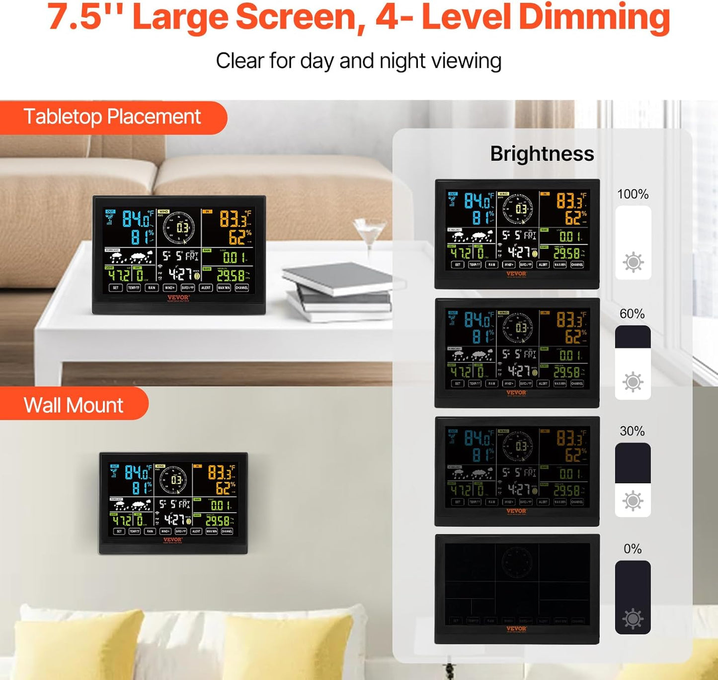 VEVOR YT60234 WiFi Weather Station 7-in-1, Weather Stations WiFi Indoor Outdoor, 7.5" Color Display for Weather Forecast, Temperature, Humidity, UV, Air Pressure, Wind Speed&Direction, Rain, Alarm