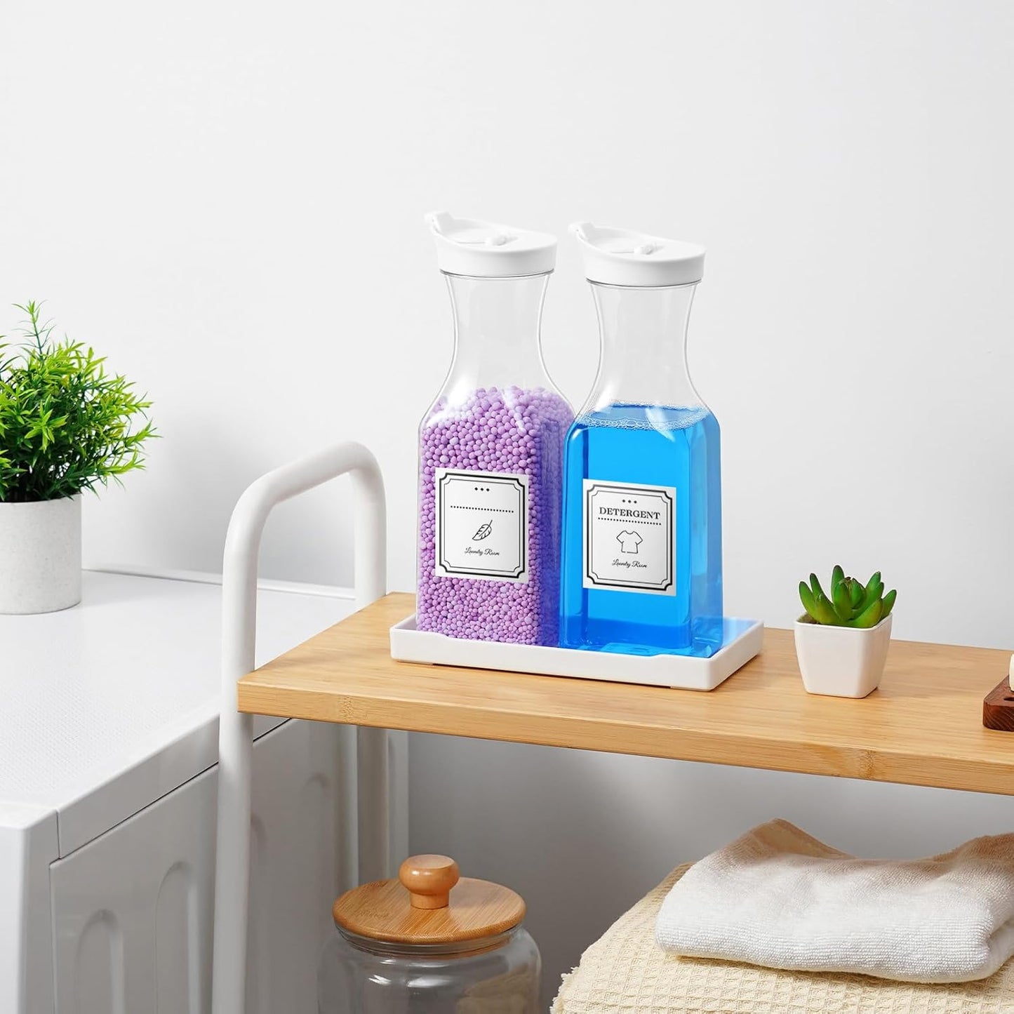 Laundry Detergent Dispenser,Laundry Soap Dispenser,Liquid Laundry Detergent Container,35OZ Fabric Softener Dispenser with Tray, Laundry Room Organization,Extra 4 Labels,White