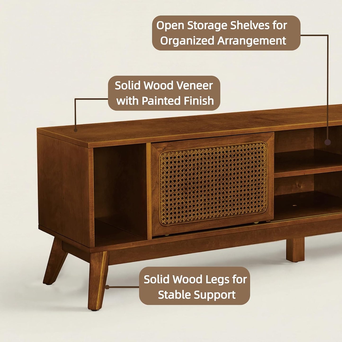LKTART 68" Mid Century Modern TV Stand,Rattan Media Console for Living Room | Real Wood Veneer Entertainment Center,Long Boho Media Console Mid Century TV Stand for 60/65/70/75 inch TVS,Light Walnut
