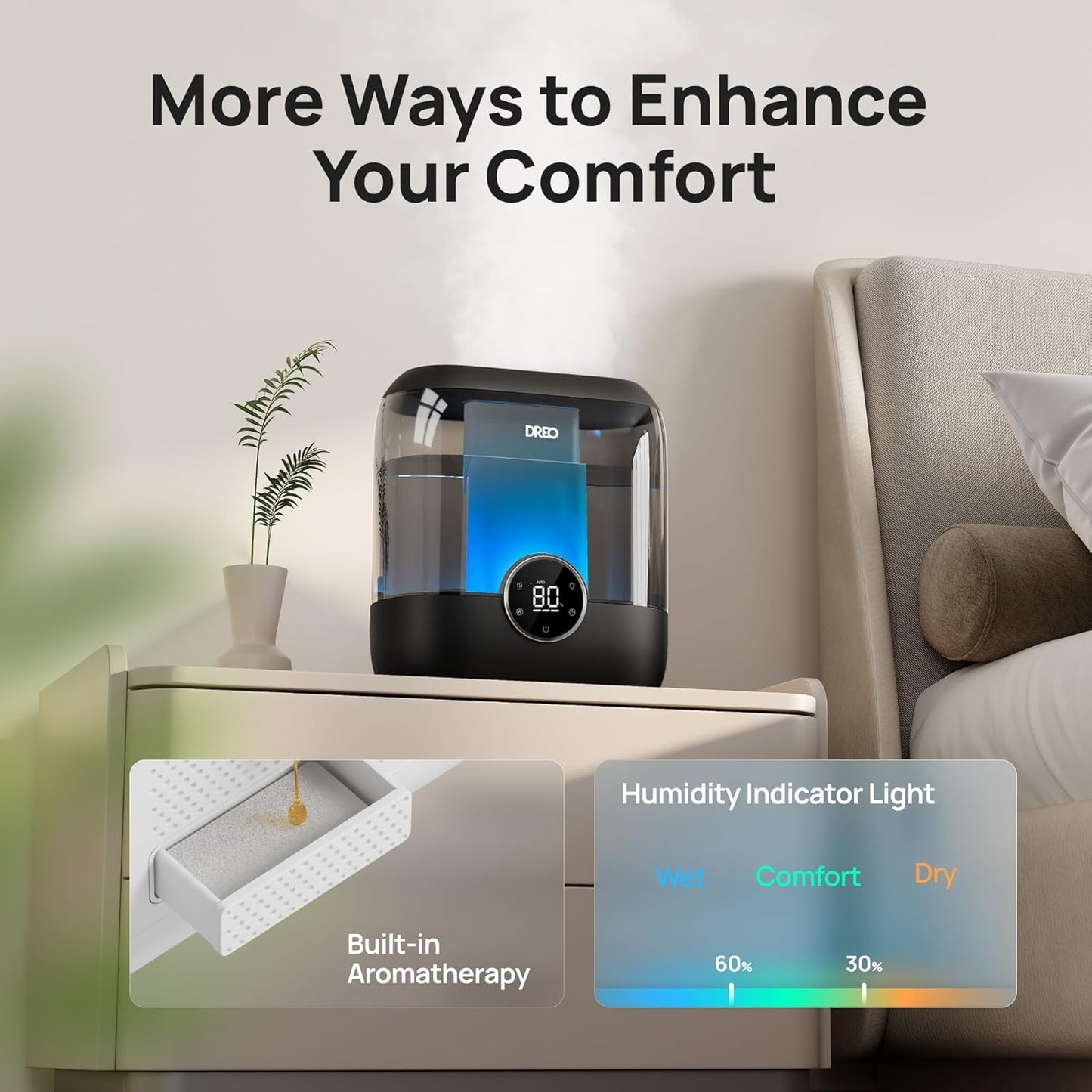 DREO Smart Humidifiers for Bedroom, 6L Top Fill Supersized Cool Mist Humidifier for Large Room, 60 Hour Runtime, Quiet Ultrasonic Humidifier for Plants, Indoor, Home, Night Light, Black