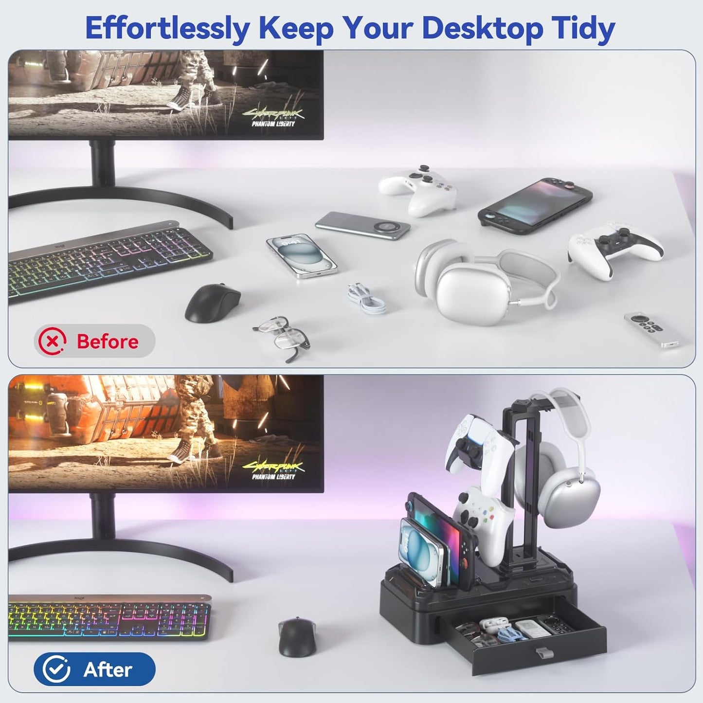 KDD Headphone Stand with Drawer - Rotatable Headset & Detachable Controller Holder for Desk - Multifunctional Organizer with Device Slot for Phones, Tablets - Universal for Gaming Accessories