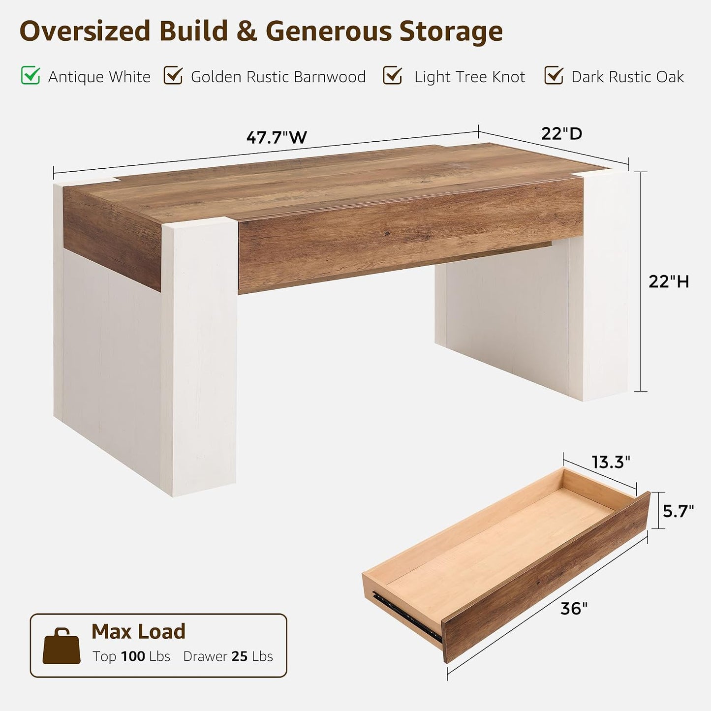 OKD 48" Modern Coffee Table with Hidden Storage Drawer,Antique White | Wood Thick Design, Rustic Rectangular Center Tables for Living Room, Office