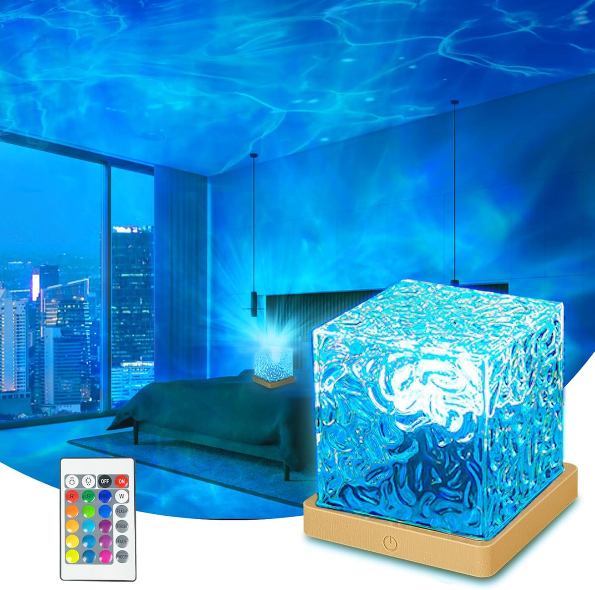 Ocean Wave Projector Light, 16 Colors Luminorthe Cube Lamp, 3D Holographic Water Ripple Lamp with Remote Control, Night Light for Bedroom, Home, Party Mood Lighting (2 Pack)