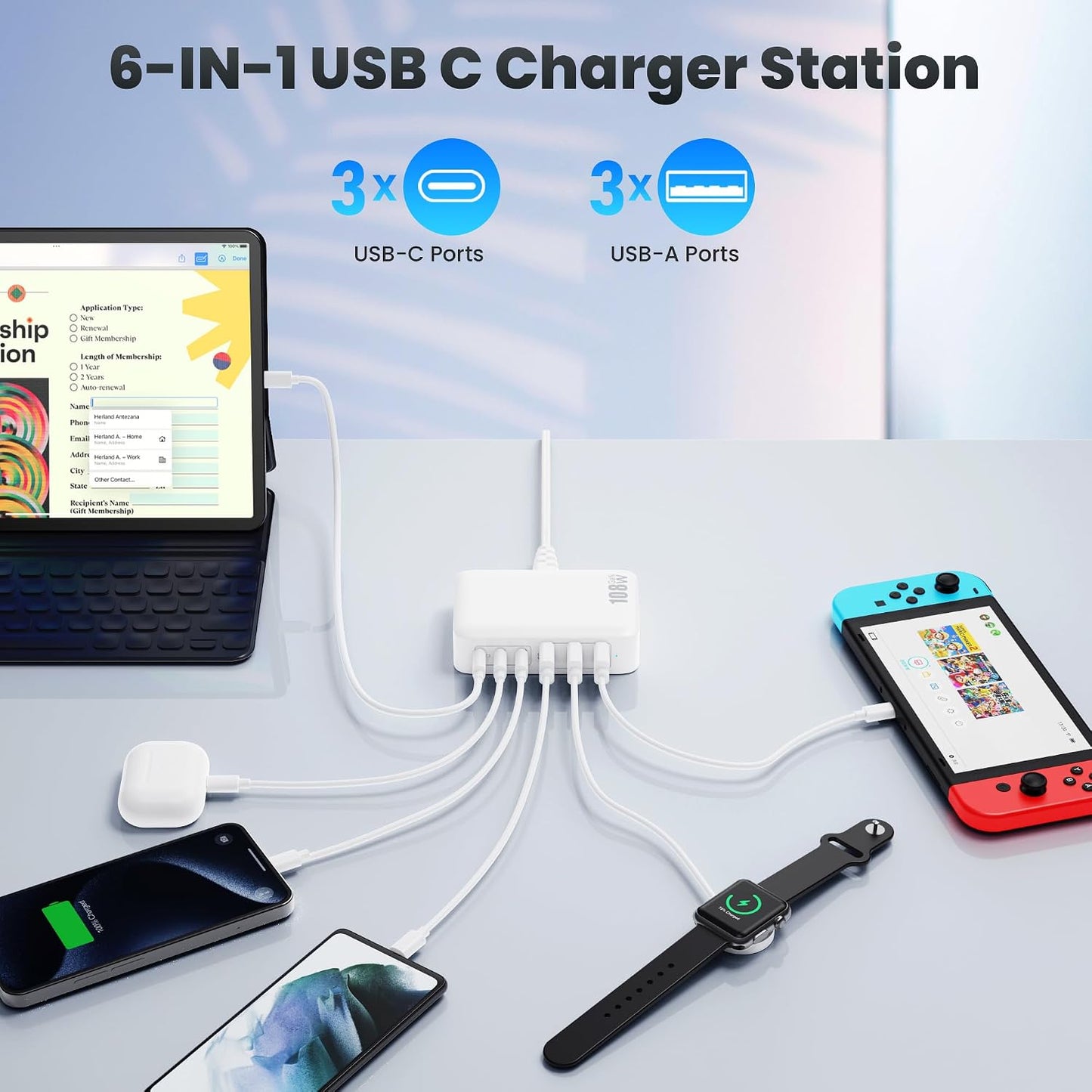 USB C Charger Block Charging Station,108W GaN III 6 Port 3xQC+3xPD Wall Charger Adapter Plug Cube,Super Fast Type C Charging Hub Box for iPhone 17 16 15 14 13 Pro Max iPad Samsung Pixel 5ft Cord-White