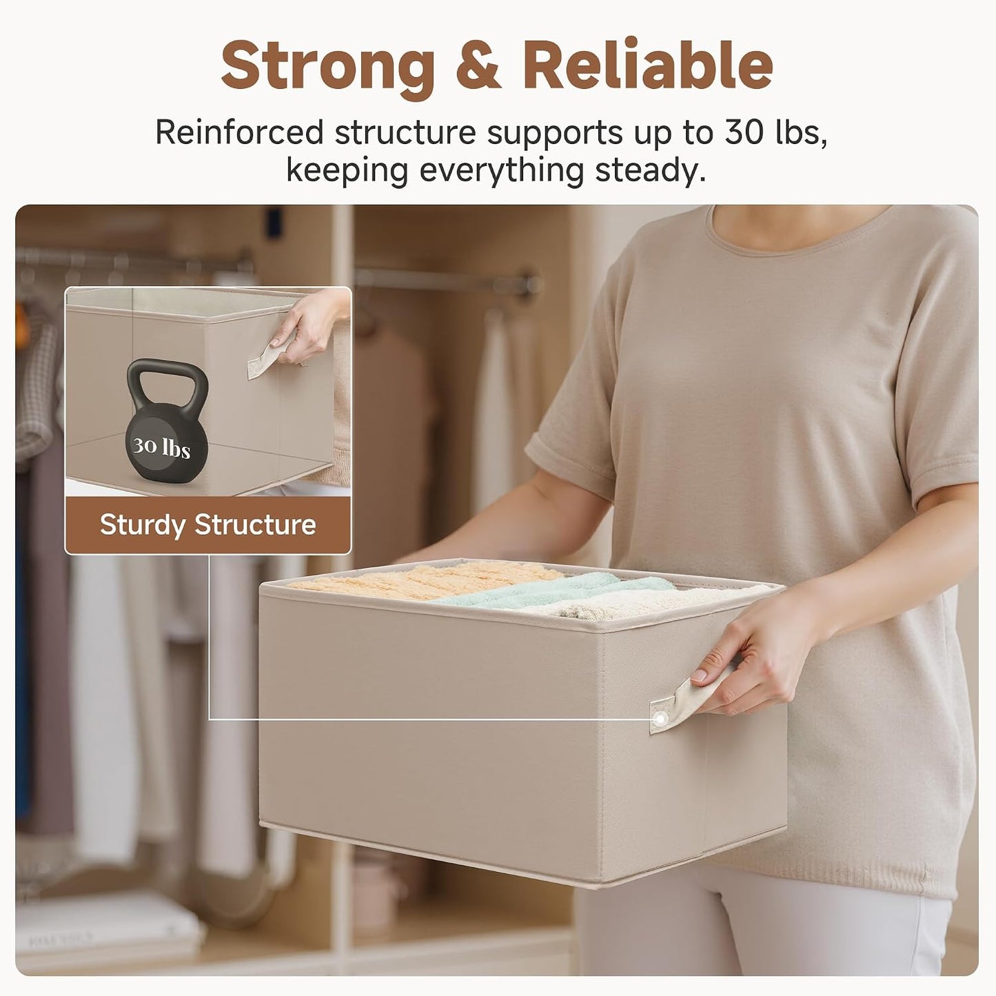 StorageWorks Closet Storage Bins, Light Brown, Large, 3-Pack | Closet Organizer Storage Baskets, Fabric Storage Bins for Shelves, Closet Organization, Organizer Bins