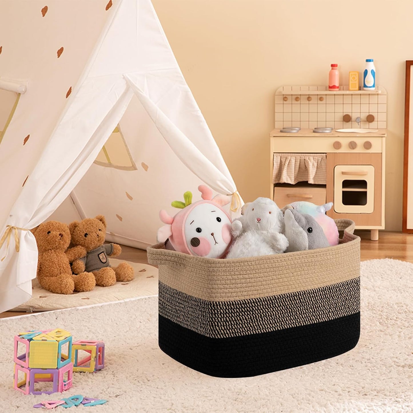 OIAHOMY Woven Storage Basket, Cotton Rope Baskets for Toys,Towel, Clothes, Used to Bathroom,Living Room,Nursery,Bedroom, 16"x12"x10"- Pack of 3, Black & Brown