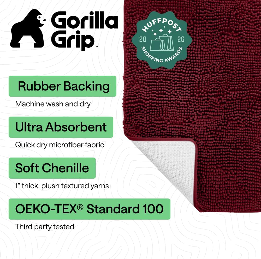 GORILLA GRIP Bath Rug Mat, Thick Soft Absorbent Chenille, Quick Dry Microfiber Mats, Rubber Backing Washable Shower Floor Rugs, US Designed Bathroom Bathmat Home Decor Accessories, 24x17, Burgundy