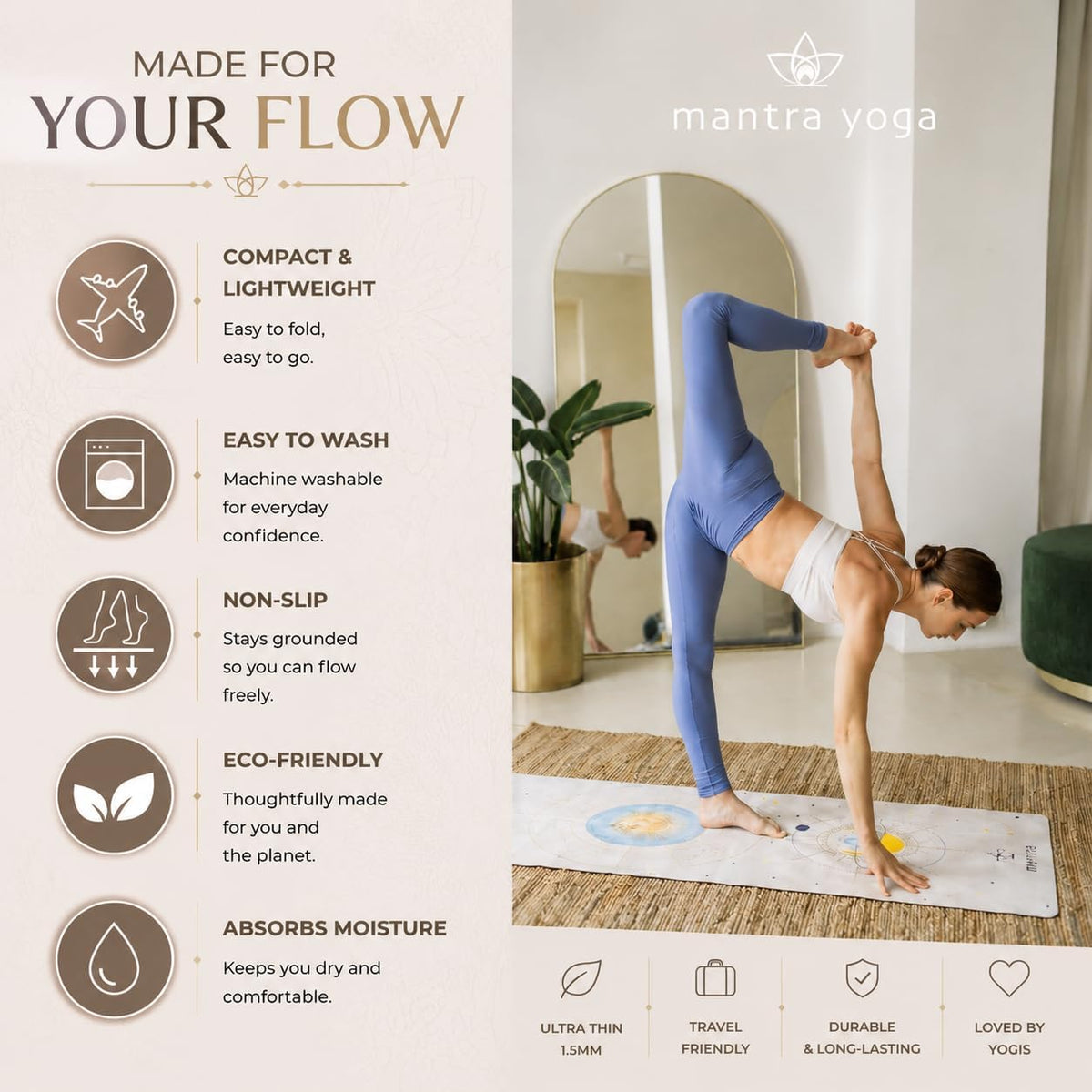 Mantra Yoga Travel PRO 1.5mm with Knee Pad - Foldable Fitness & Exercise Mat with Bag | Lightweight, Compact & Eco-Friendly | Non-Slip & Washable | For All Types of Yoga | 72" L x 24" W | 2.6 lbs