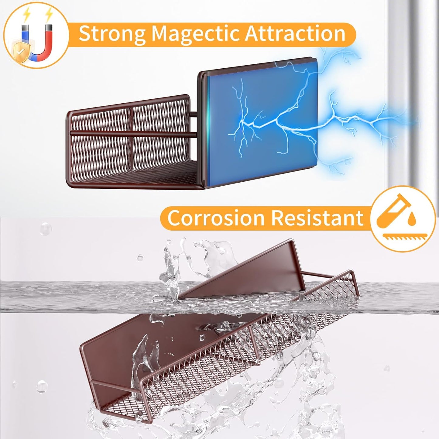 Magnetic Spice Rack for Refrigerator, 2 Pack 100% Metal Strong Magnet Shelf, Space Saving Spice Organizer W/ Hooks, Movable Magnetic Fridge Shelf, Kitchen Home Laundry Room Storage Organization, Brown