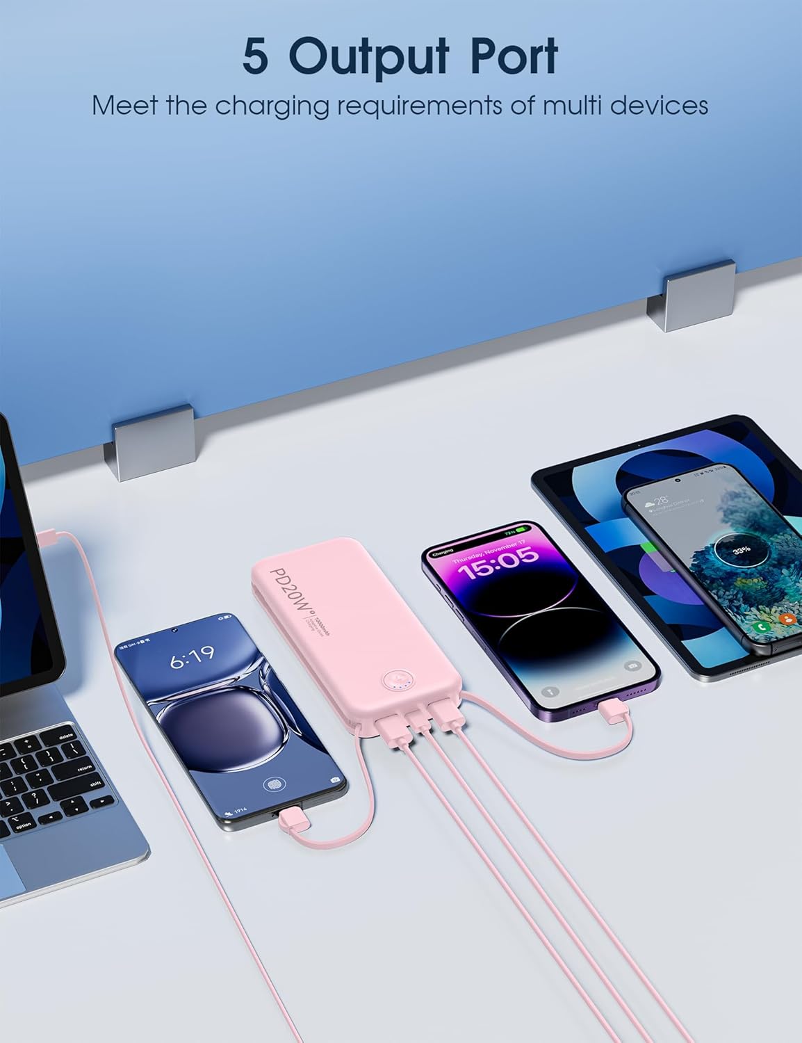Nusyddy Portable Charger, 10000mAh PD20W Fast Charging Power Bank with Built-in Cables & Wall Plug, Travel Essentials External Battery Pack, USB C Battery Phone Charger for iPhone, iPad, Samsung Pink