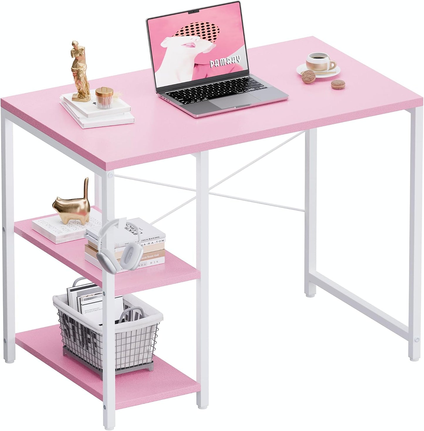 Pamray 32 Inch Small Computer Desk with Shelves, Home Office Desk with Headphone Hook for Bedroom, Study Writing PC Table for Small Spaces, Marble