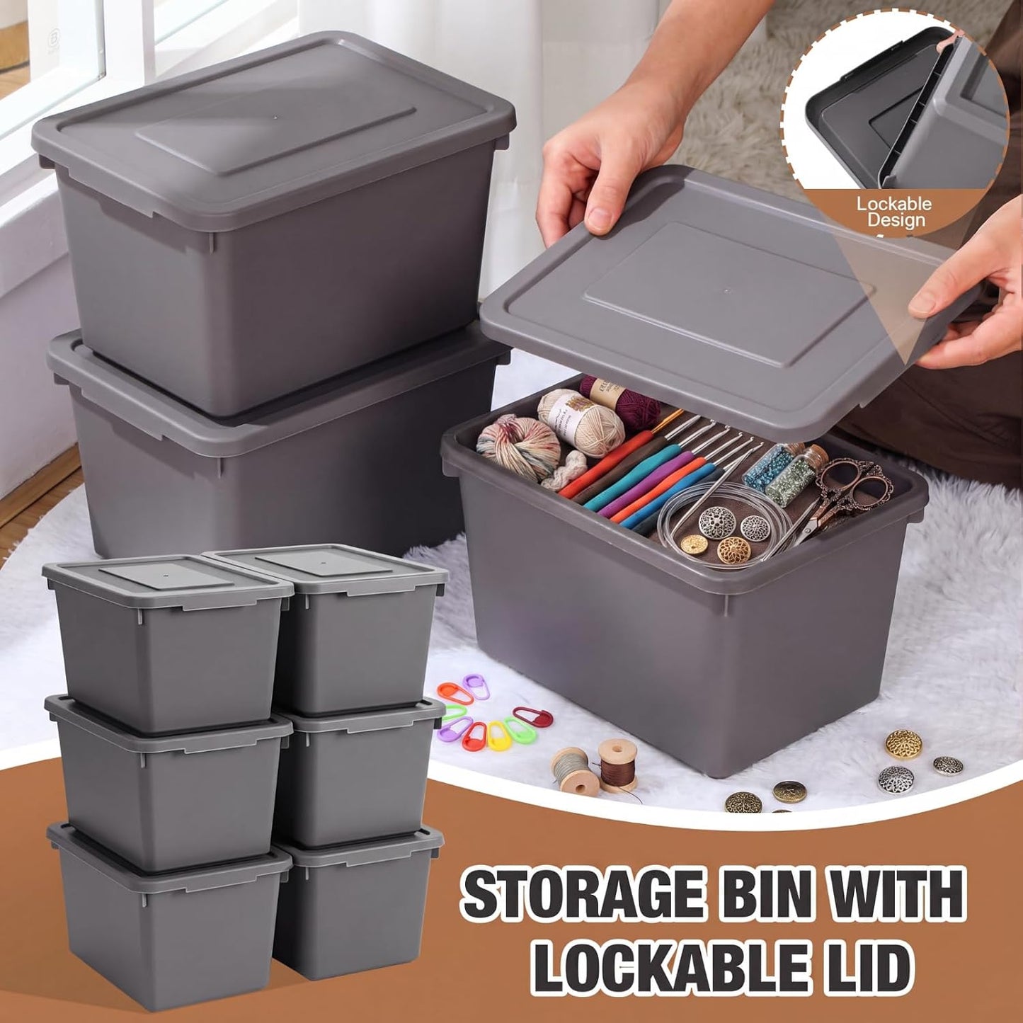 Potchen 6 Pcs Pack Small Stackable Storage Bins with Lids Plastic Storage Boxes for Classroom 9.8" ×7.3" ×5.7" Decorative Organizer Bins for Craft Art Office Teacher Supplies (Grey)