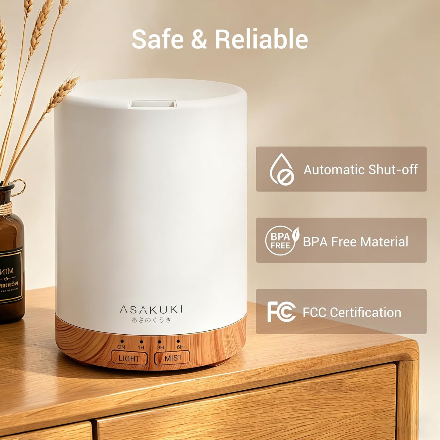 ASAKUKI Essential Oil Diffuser for Home, 300 ml Humidifier with Automatic Shut-Off, Quiet Aromatherapy Diffuser with 7 LED Lights for Living Room, Kitchen, Bedroom, Hotel - Light Brown