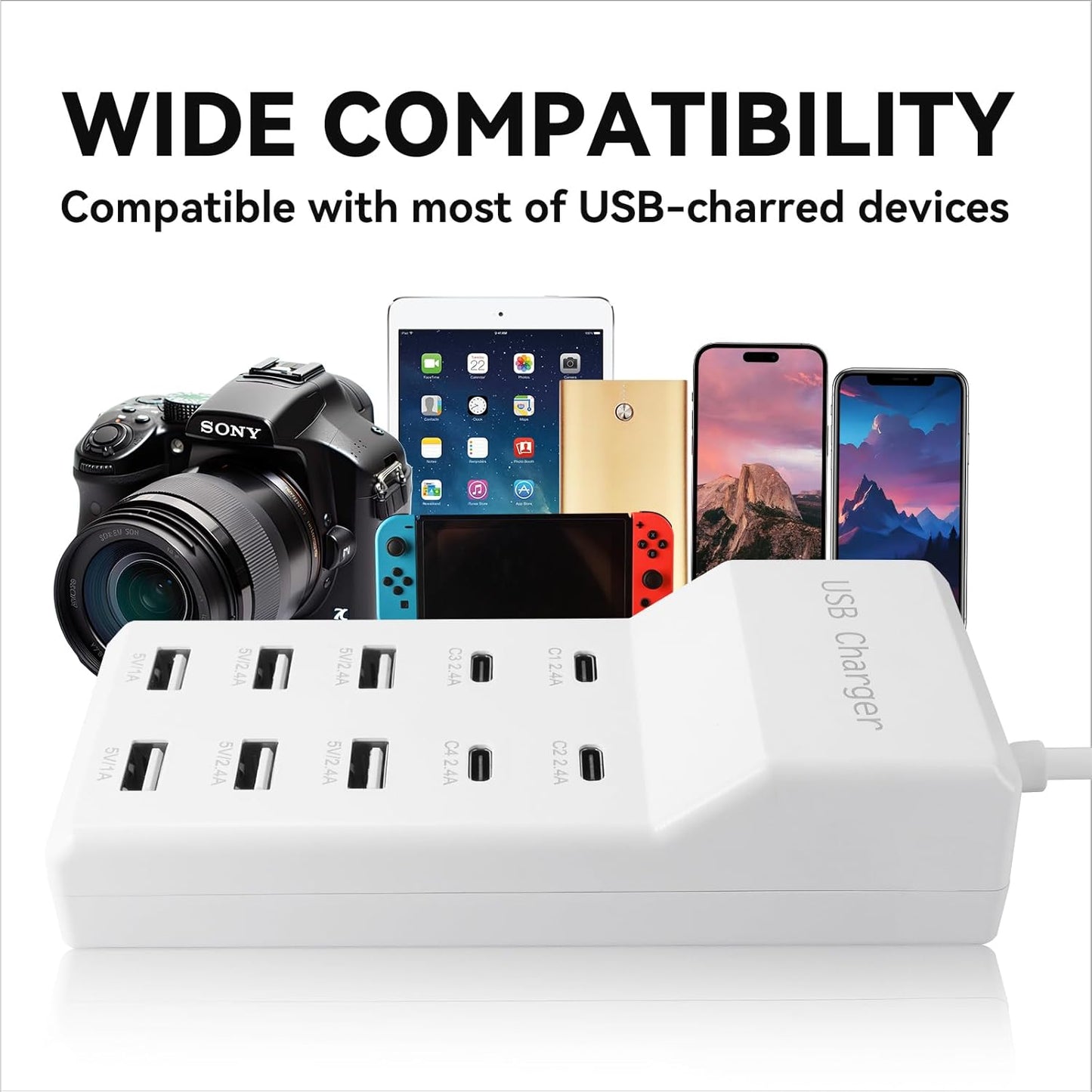 USB Charging Station with 6 USB-A and 4 USB-C Ports, 50W 10A USB Charger Block for Smart Phone, Tablet, Laptop, Multiple Devices - USB Power Strip with Auto-Detect Technology