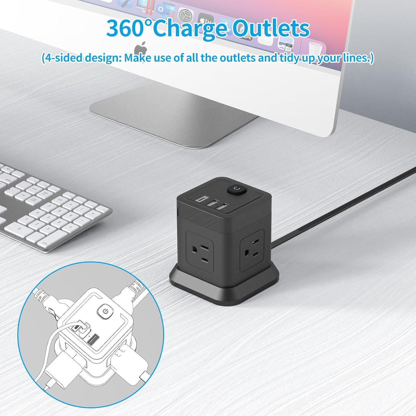 Power Strip with USB, FDTEK Flat Plug Extension Cord with 4 AC and 3 USB, 5 FT Power Cord Desktop Charging Station, Overload Protection, Compact Portable for Travel Home Office Cruise Ship - Black