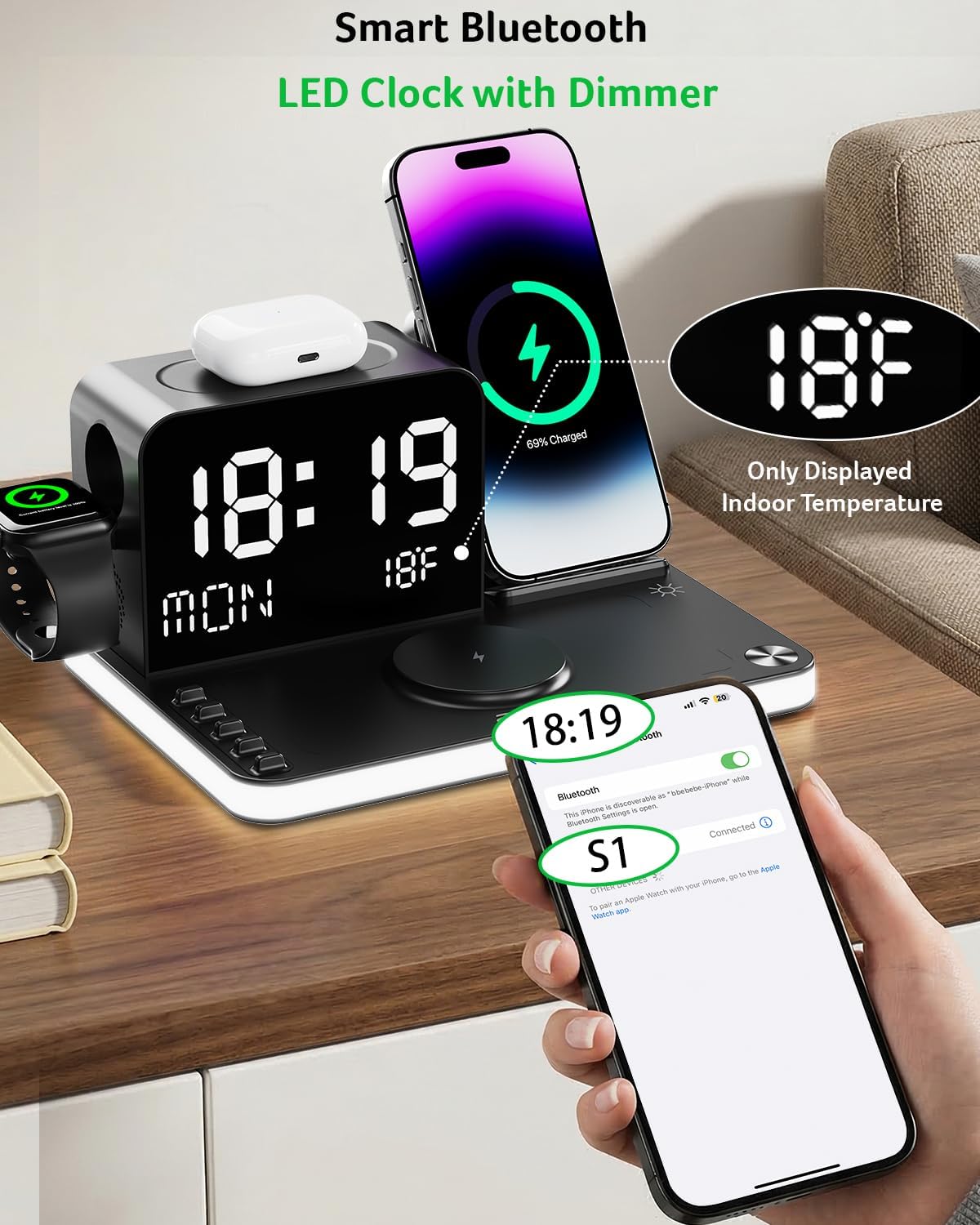 Acer Gadget 7-in-1 Wireless Charging Station Charger Stand for Multiple Devices for Apple - iPhone 17 16 15 14 13 12 Pro Max Apple Watch Airpods, Wireless iPhone Charger Station with Bluetooth TimeSyn