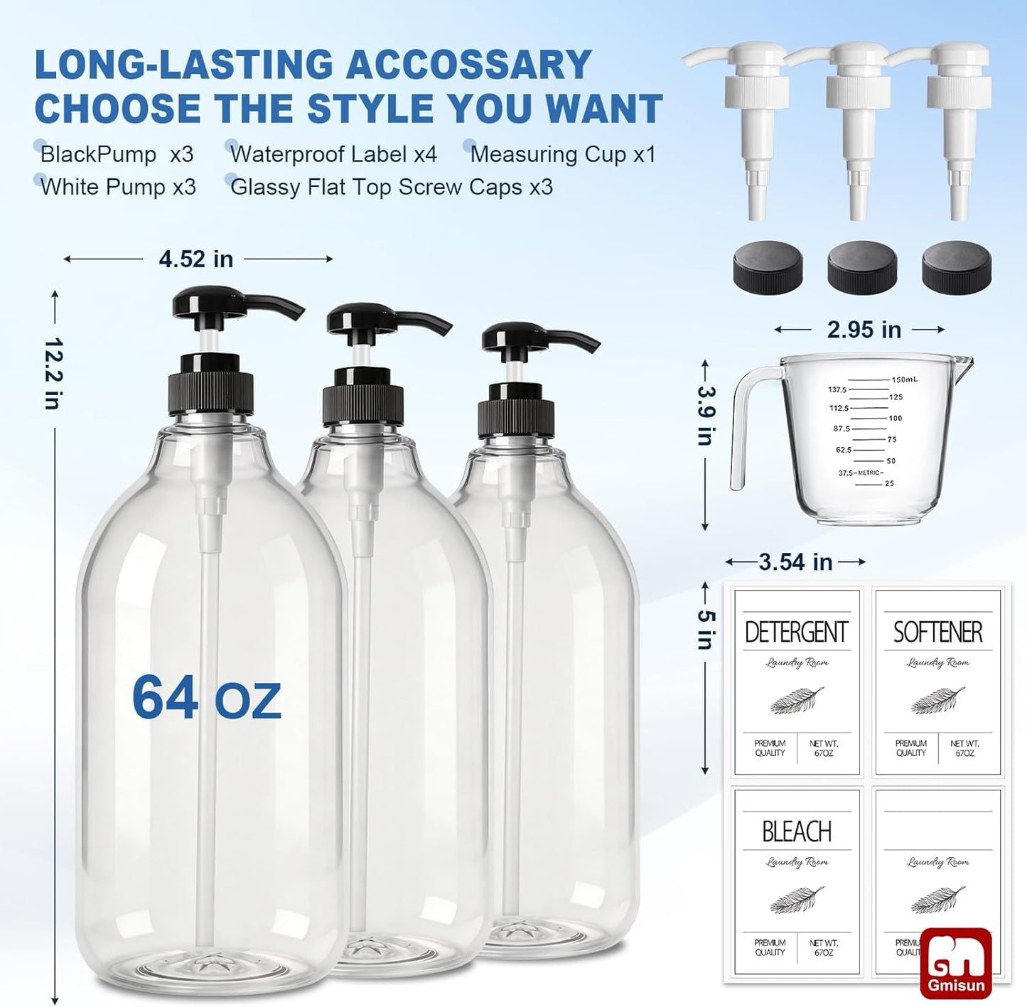GMISUN Laundry Detergent Soap Dispenser, Liquid Laundry Detergent Dispenser, Container for Farmhouse Laundry Room Decor, Organizer for Liquid SoftenerBleach Heavy Duty Plastic Bottle(64 Oz 3 Pack)