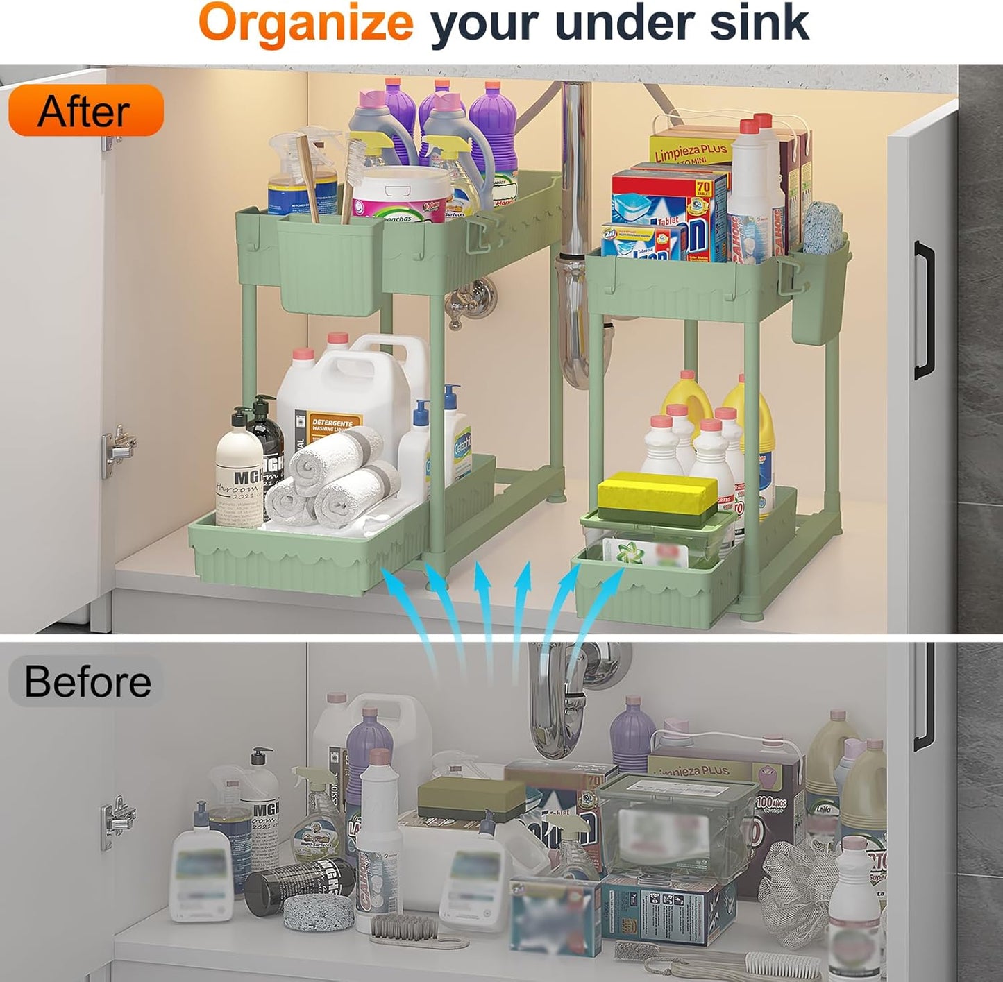 Sevenblue Under Sink Organizer, Bathroom Organizers and Storage, 2 Tier Multi-Use Pull Out Cabinet Organizer with Hang Hooks and Cups (Green, 4 Pack)