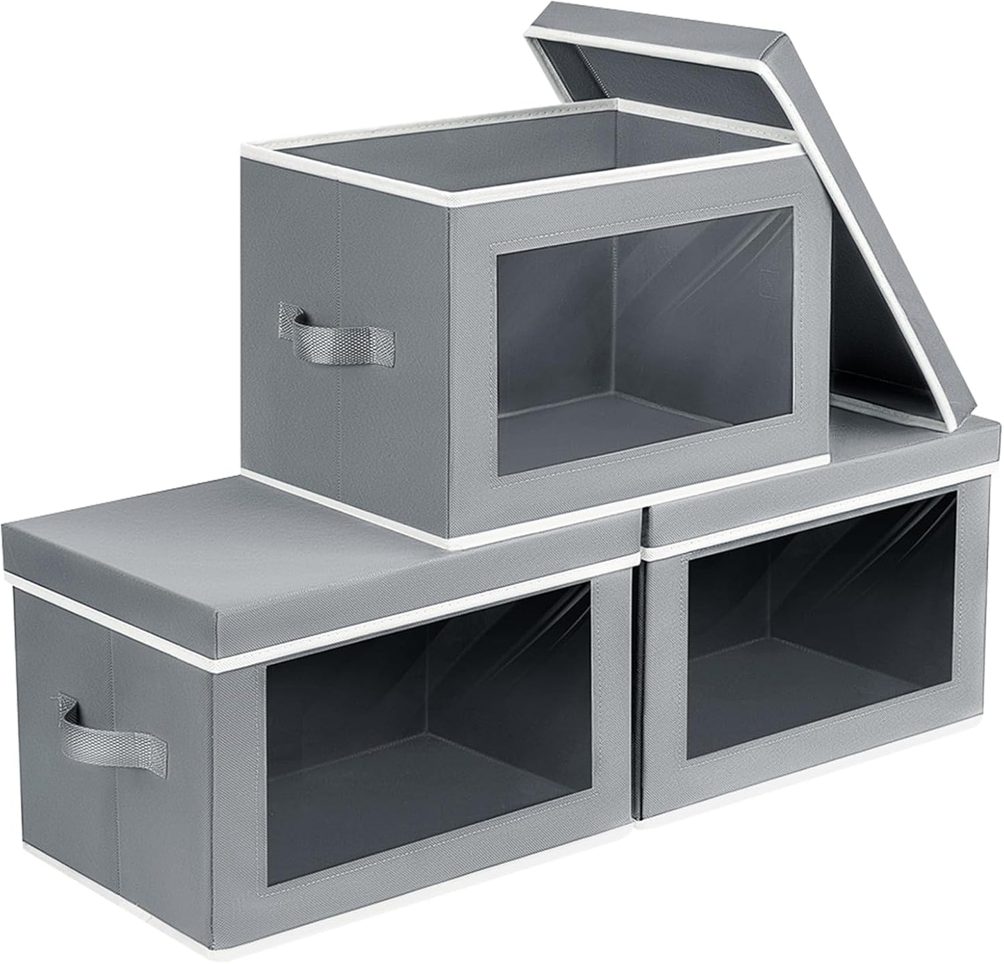 Homsorout Decorative Bins with Lids - Stackable Cube Bins for Closet, 3 Pack Clear Windows Fabric Organizer Bins, Home Organizers and Storage for Clothes, CD, Towels, Grey