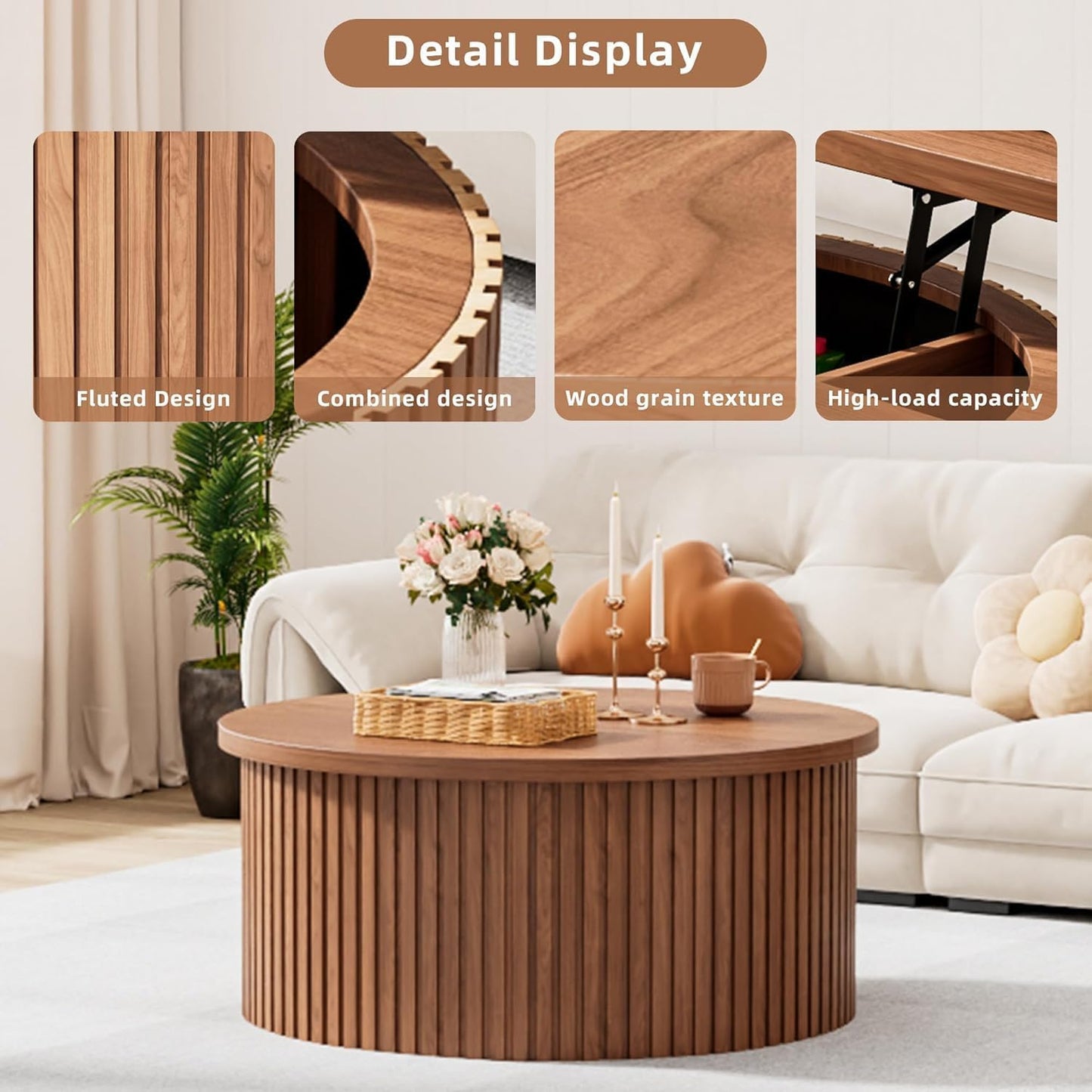 Fsbecl 34'' Round Fluted Lift Top Coffee Table with Hidden Storage, Walnut | Wooden Center Table, Lift Top Coffee Table for Living Room, Home Decor
